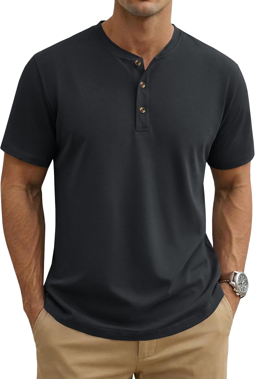 MAGNIVIT Mens Henley Shirts Short Sleeve Cotton Casual Summer Basic T-Shirts 3 Button Solid Collarless Shirts for Work