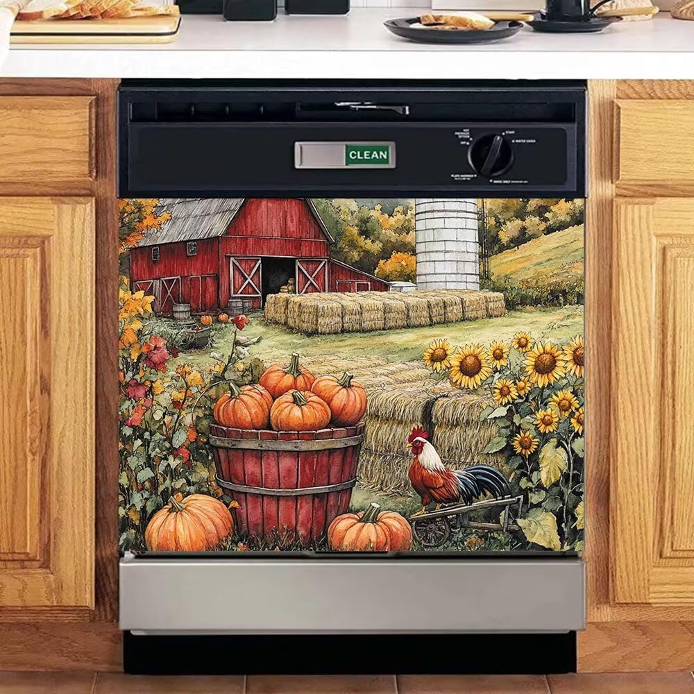 Fall Farm Harvest Magnet Dishwasher Door Cover Sheet, Pumpkins Magnetic Refrigerator Skin Cover, Sunflower Field Home Cabinets Decor Rooster Dishwasher Sticker (23" W x 17" H Magnetic)