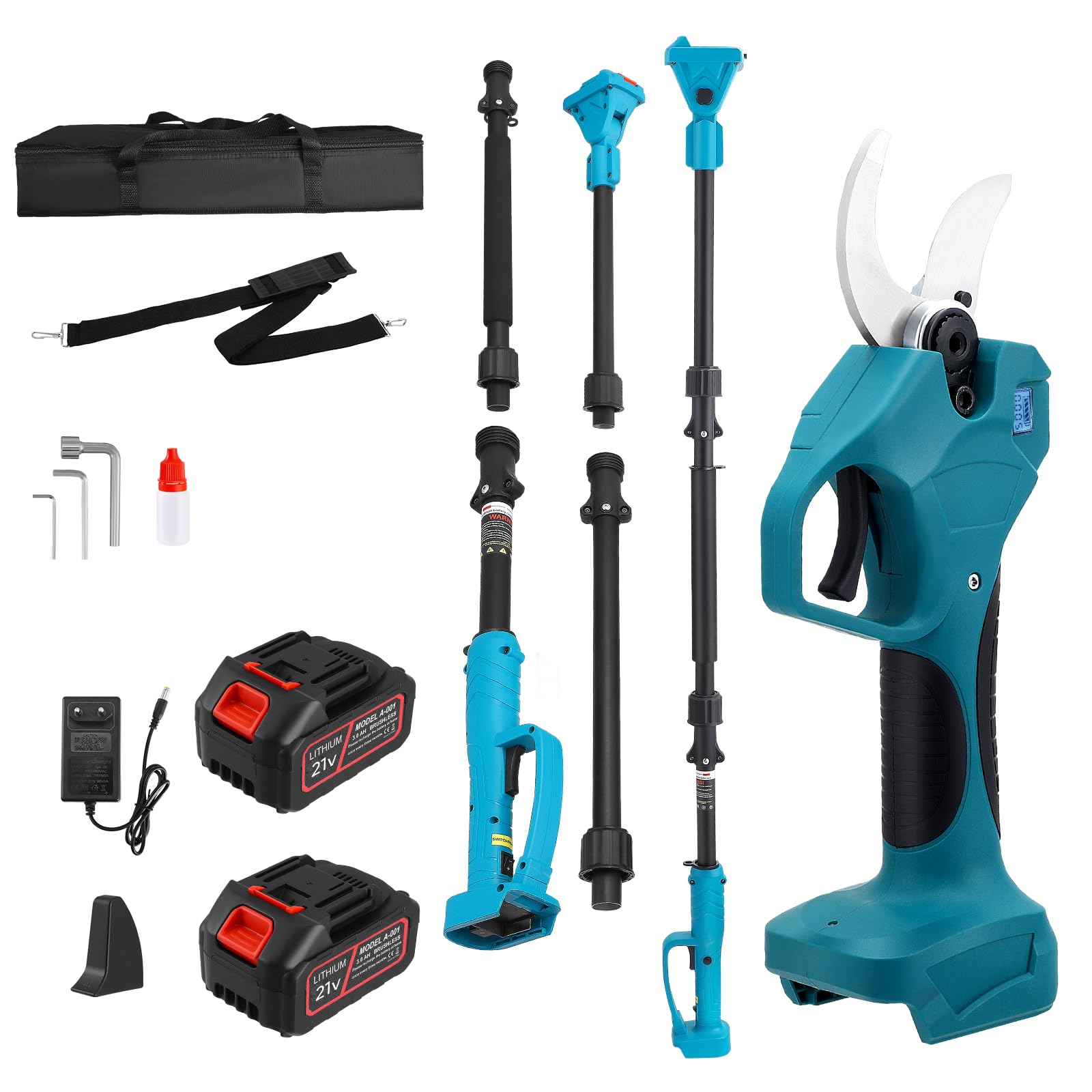 Forbici Potatura a Batteria con Asta,Con asta telescopica da 233 cm Due batterie da 3000 mAh Lama in Acciaio al Carbonio SK5 per Rami Alberi Giardini Electric Pruning shears