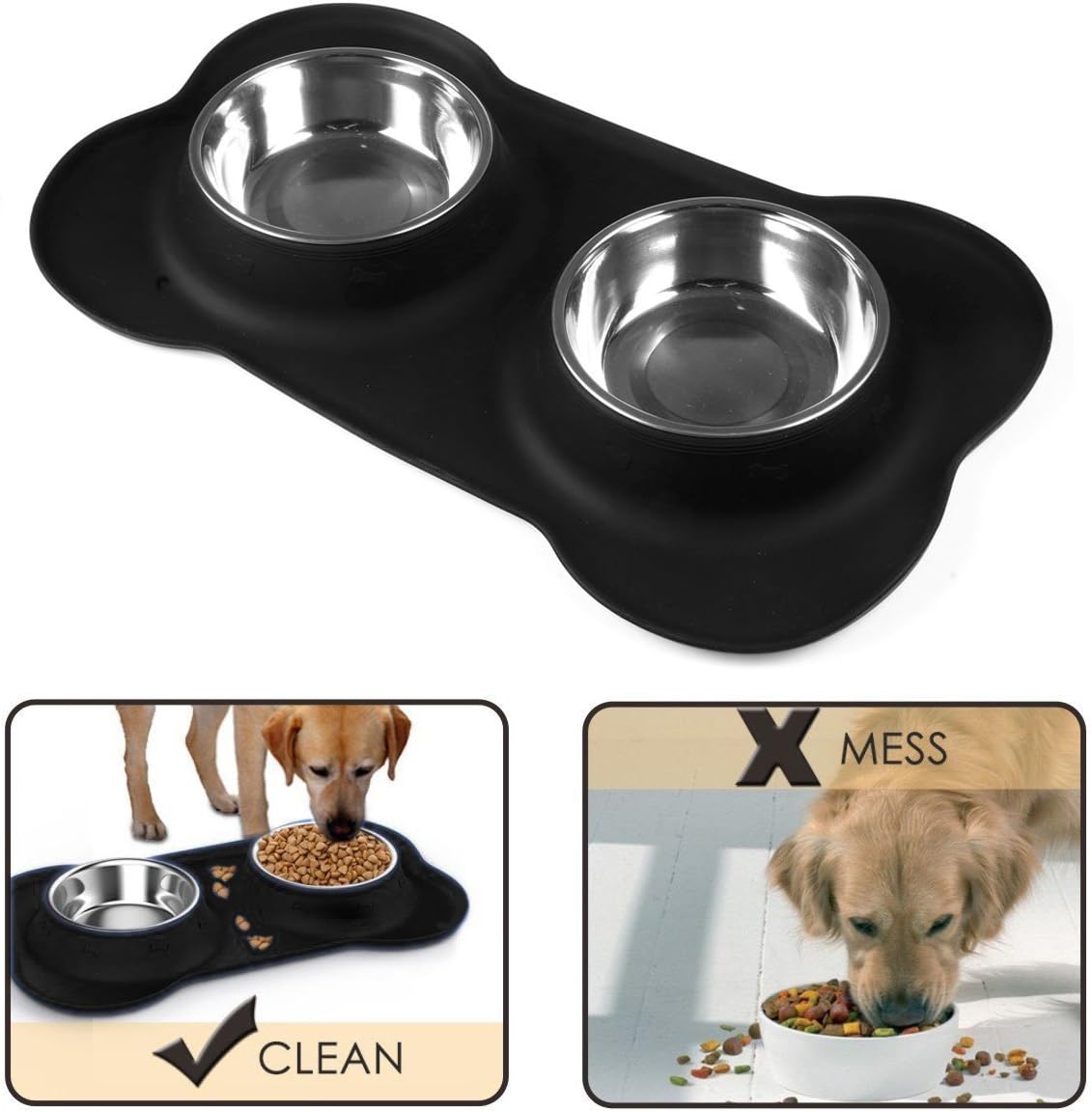 AsFrost Dog Food Bowls Stainless Steel Pet Bowls & Dog Water Bowls with No-Spill and Non-Skid, Feeder Bowls with Dog Bowl Mat for Small Medium Size Dogs Cats Puppy and Pets, Dog Dishes, Black, 240z : Pet Supplies