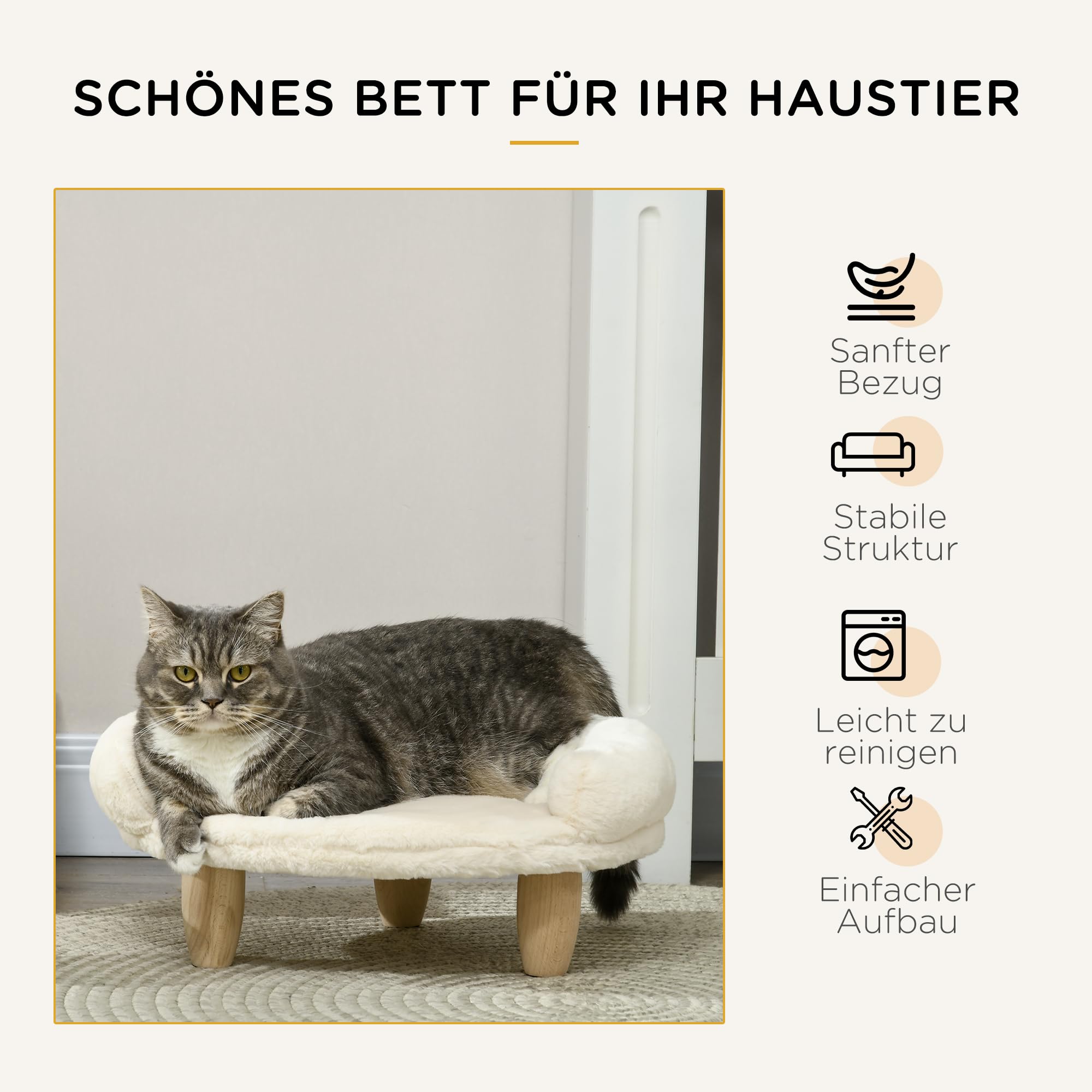PawHut Katzensofa Hundesofa aus Plüsch Hundebett mit Rückenlehne, Holzbeine, Hundecouch mit weicher Polsterung für Katzen miniaturhunde Hunde 47 x 40 x 20 cm Cremeweiß