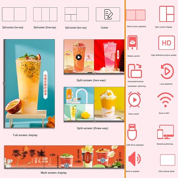 32 Inch LCD Advertising Menu Displays, Digital Signage Advertising Display Box, Metal Frame Tempered Glass Panel Android System TV Light Box for Shops(A,50-97x57cm)