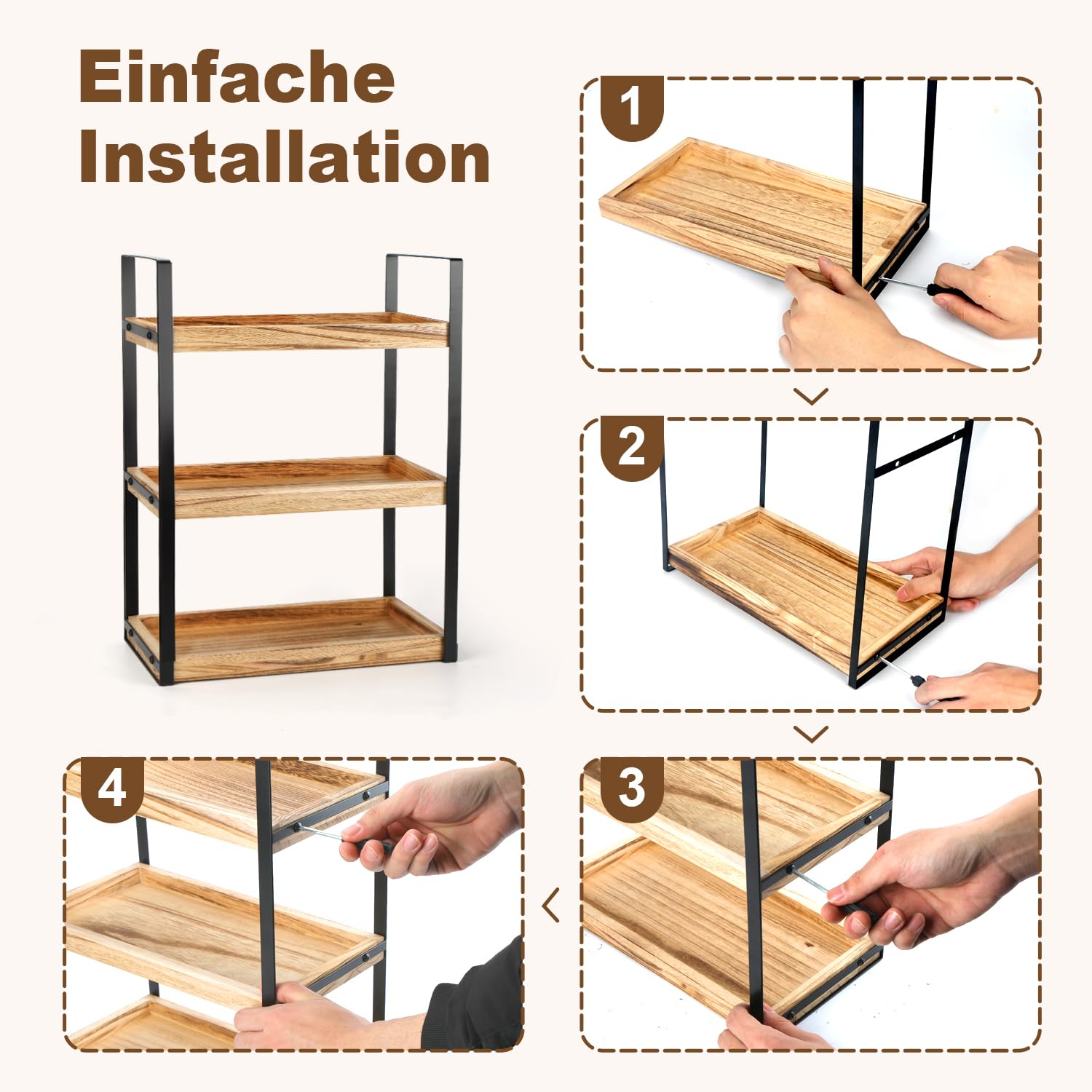 3 Ebenen Standregal Badezimmer Organizer, Feuchtigkeitsgeschützt Holzregal Badezimmer Braun Regal Holz mit Metallgestell, Multifunktionales Gewürzregal, Schreibtisch-Organizer für Küche