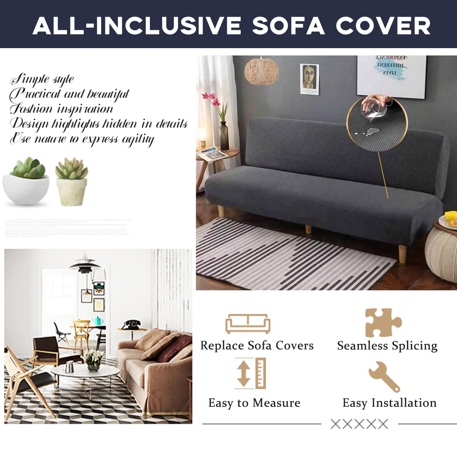 Funda de sofá elástica universal impermeable de 3 plazas, diseño sin reposabrazos, protección antimanchas, duradera y elegante, color azul, ideal para decoración del hogar