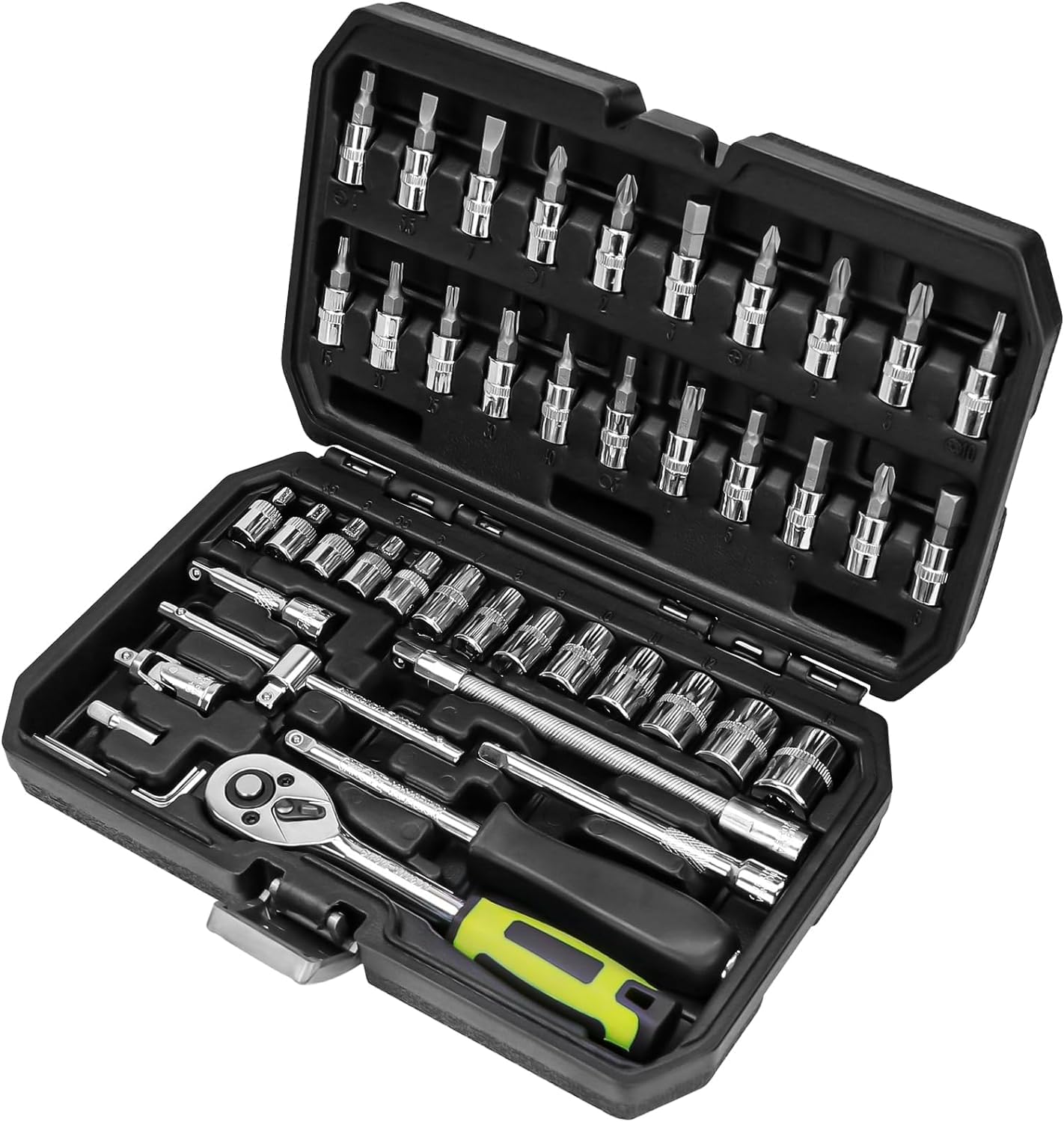 Azonee Drive Industrial Grade Socket Ratchet Wrench Set, with Bit Socket Set Metric and Extension Bar for Auto Repairing and Household, With Thickened Storage Case 46 Pieces 1/4 Inch