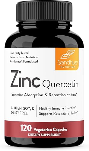 Sandhu's - Cápsulas vegetarianas de zinc y quercetina, suplementos de zinc para el refuerzo inmunológico, antioxidante, sin gluten, soja ni lácteos,