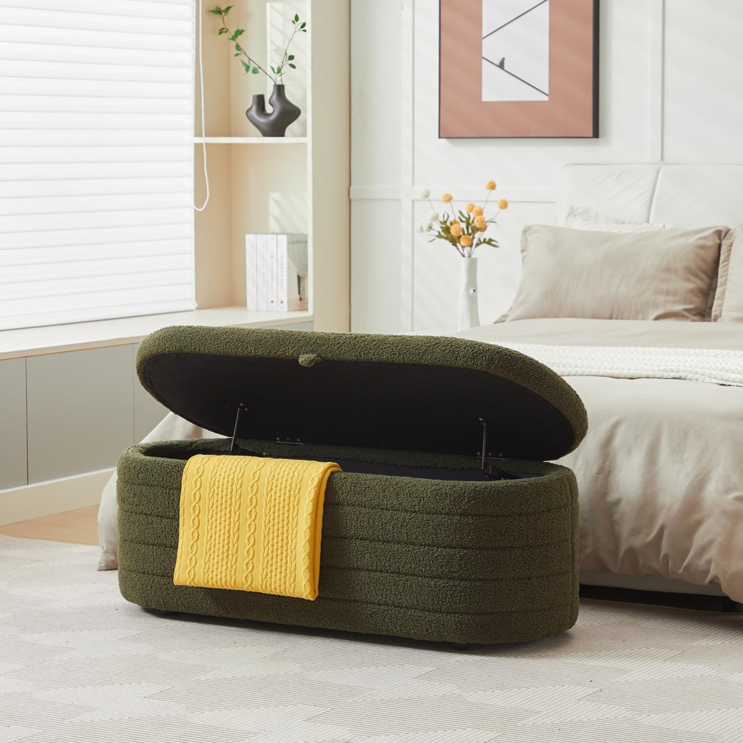 45” Storage Ottoman Bench,Upholstered Ottoman with Storage for Living Room, Modern Entryway Bench, Large End of Bed Bench, Holds up to 330 lb,Green