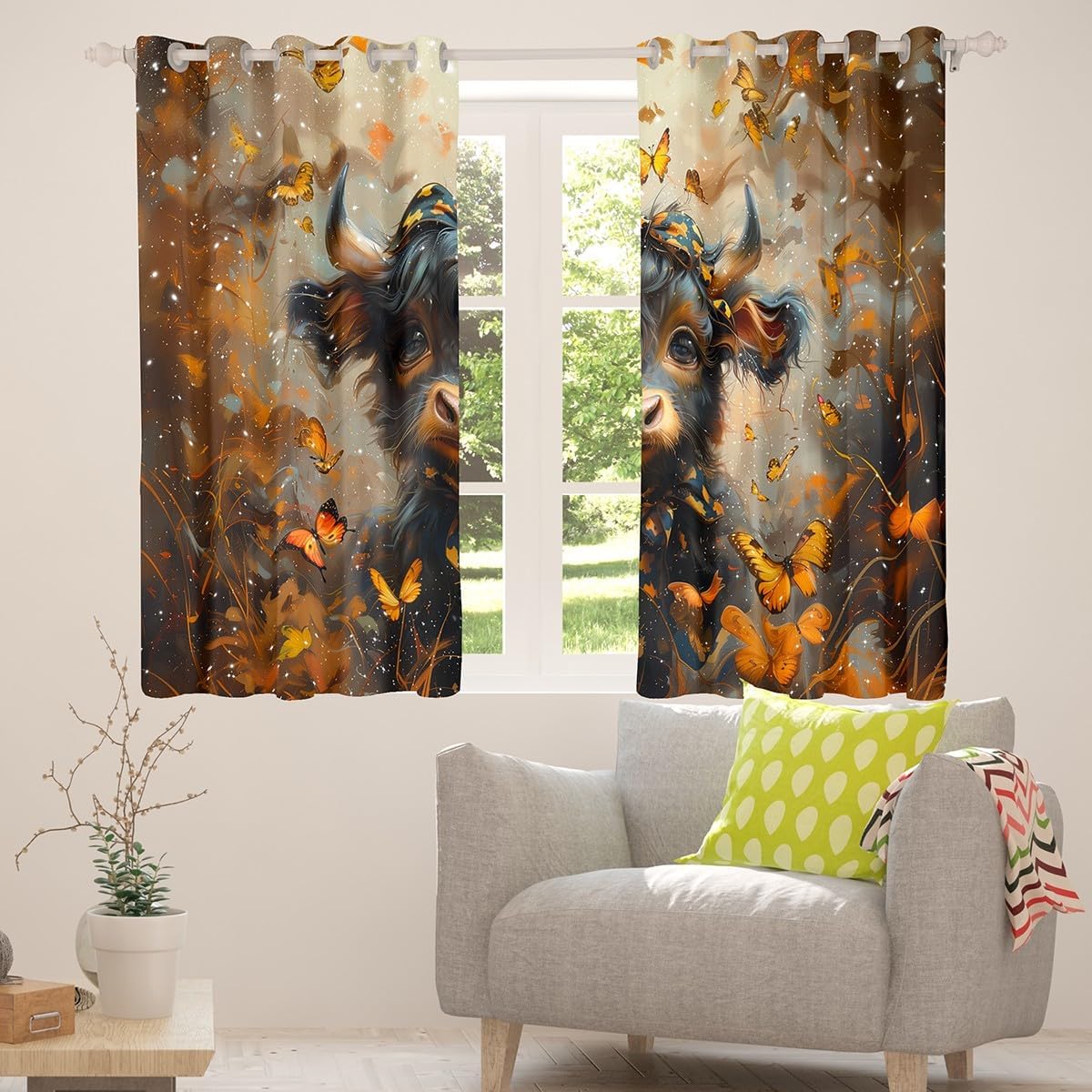 Feelyou Highland Cow Curtains for Bedroom Living Room Kids (2 Panels, 52 x 63 Inch) Maple Leaves Room Darkening Blackout Curtain Butterfly Darkening Dreapes Orange Brown Window Treatments