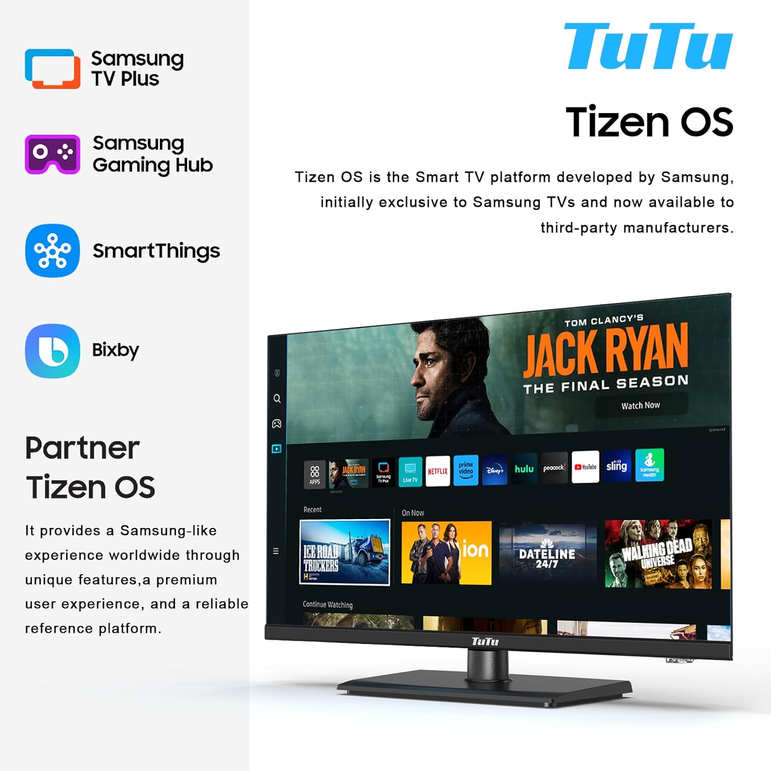 TuTu Smart TV highlighting Tizen OS as a Samsung partner, with icons for Samsung TV Plus, Gaming Hub, SmartThings, and Bixby.