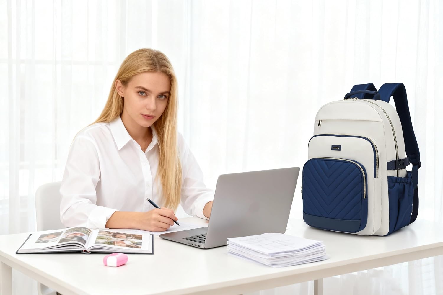 Large Laptop Backpack Bookbag for Women, Multi Compartment Teen Girls School Backpack for College High School Students Teacher Nurse Work Back Pack Travel Carry On, WhiteNavy