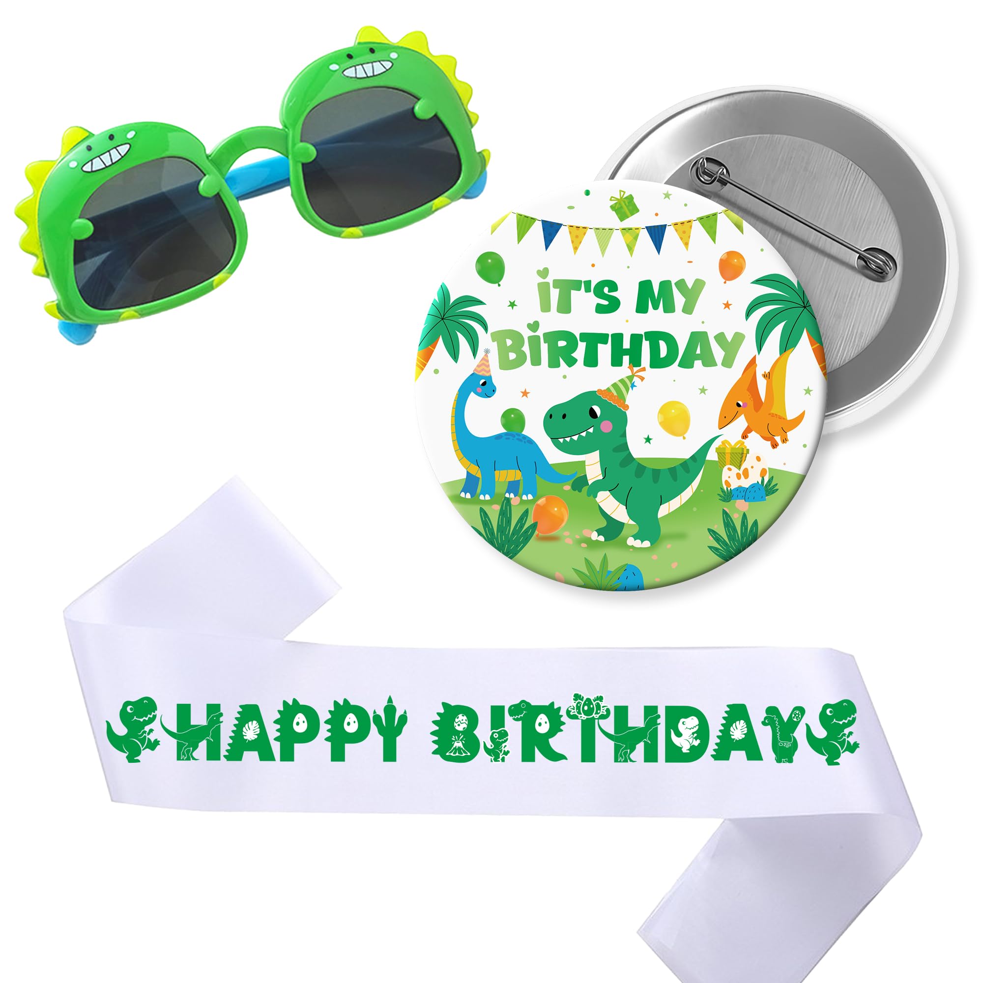 Dinosaur Birthday Decorations Sash Badge - 3 Pcs Green Three Rex Birthday — image 1