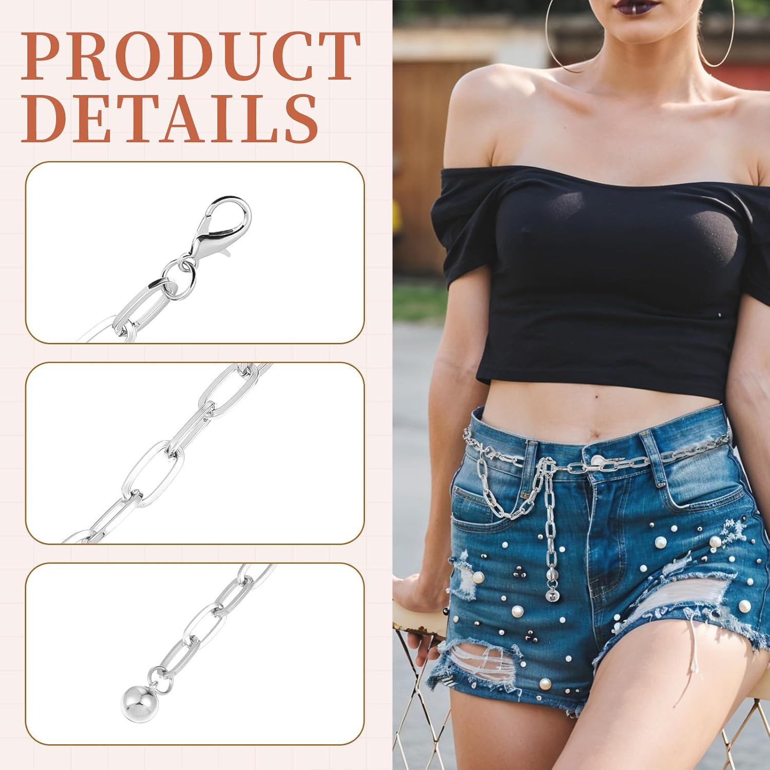 Metal Chain Belt for Women, Adjustable Silver Waist Chain Belts image 3