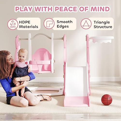 Miniatura 6 de Qaba Juego de tobogán y columpio 4 en 1 para niños de 1.5 a 4 años, parque infantil con temática de conejo con escalador, aro de canasta, para patio