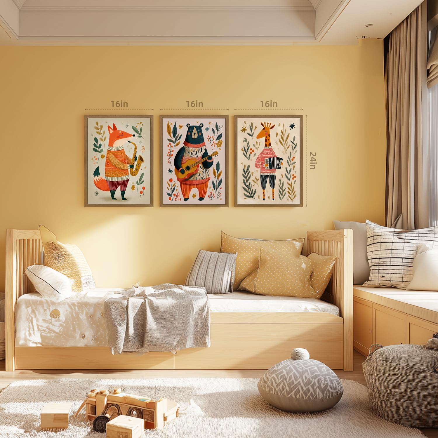 PORENY Woodland Animal Band Nursery Wall Art Set of 3, Fox Bear Giraffe Music Band Poster Print, Cute Forest Animal Kids Room Decor, Scandinavian Nursery Artwork for Playroom Wood Framed 12x16 Inch