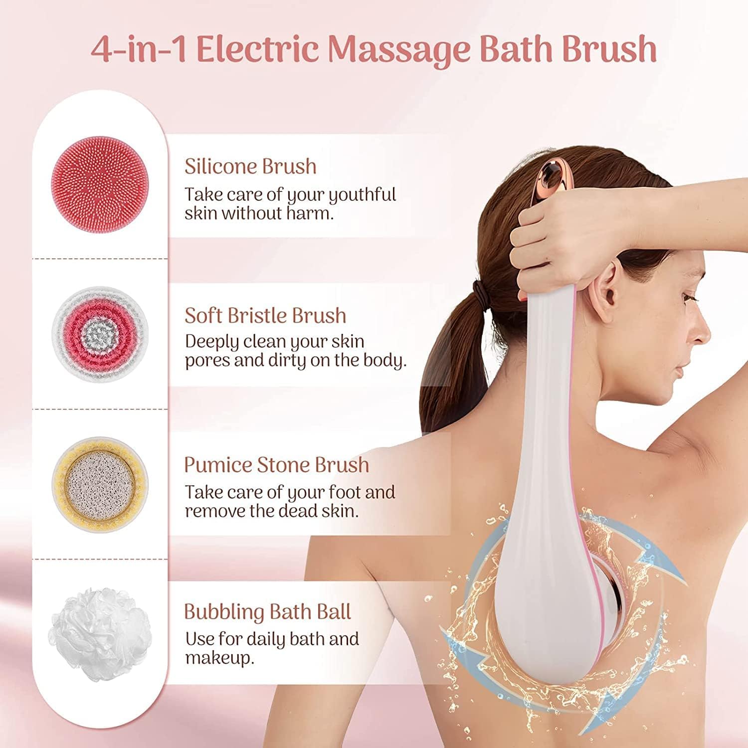 Rechargeable Electric Body Brush with Long Handle and Multiple Brush Heads, Pink