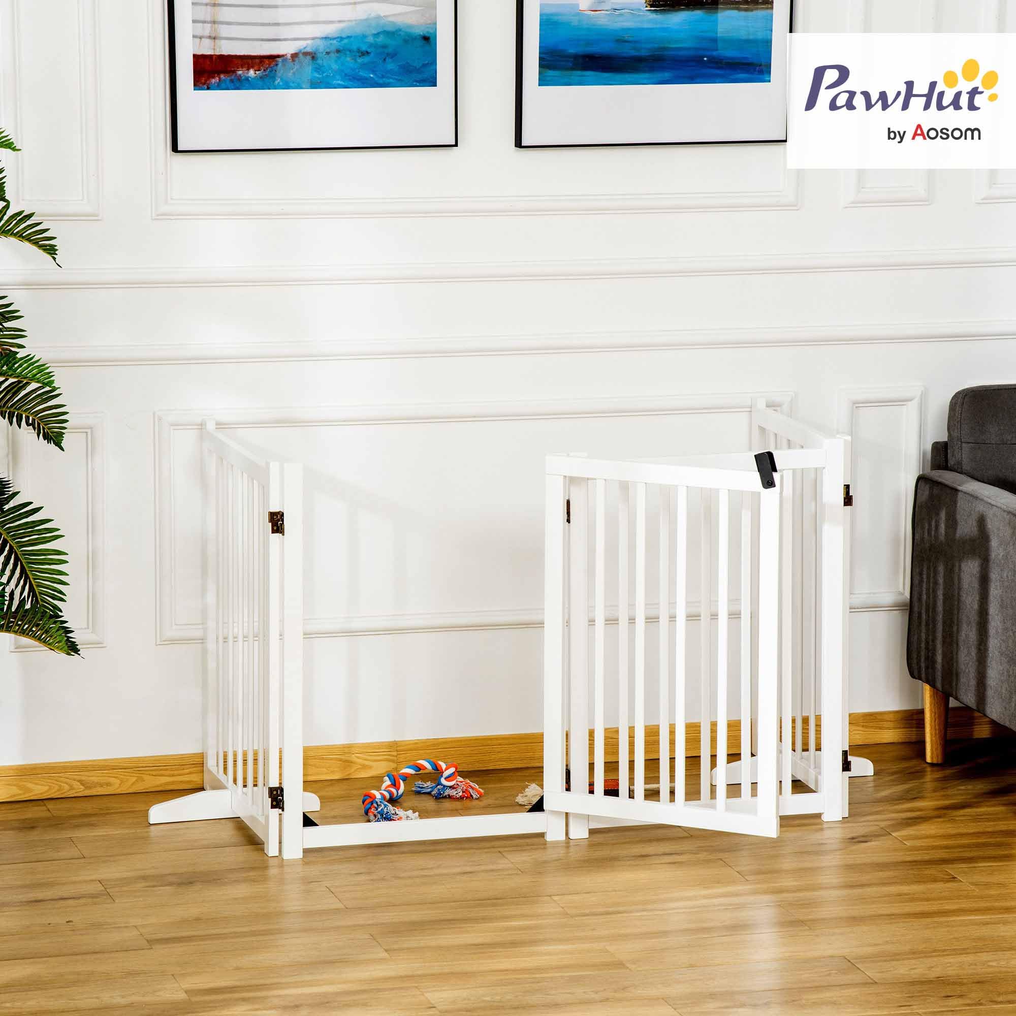 PawHut Barrera para Perros Plegable 4 Paneles Puerta 237,5x36x80 cm Blanco | Valla para Perros Pequeños y Medianos, Barrera de Seguridad de Madera, para Escaleras Pasillos