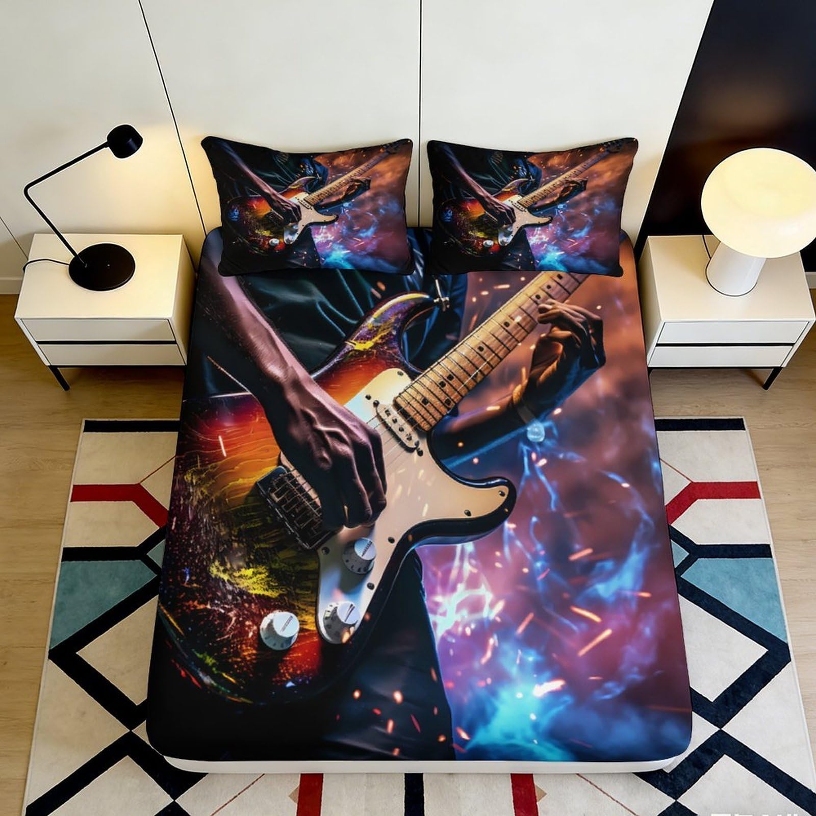 3D Printed Guitar Fitted Sheet Microfiber Deep Pocket Bedroom Bedding Decor Non-Slip Guitar Mattress Fitted Cover Washable 120x200x25cm