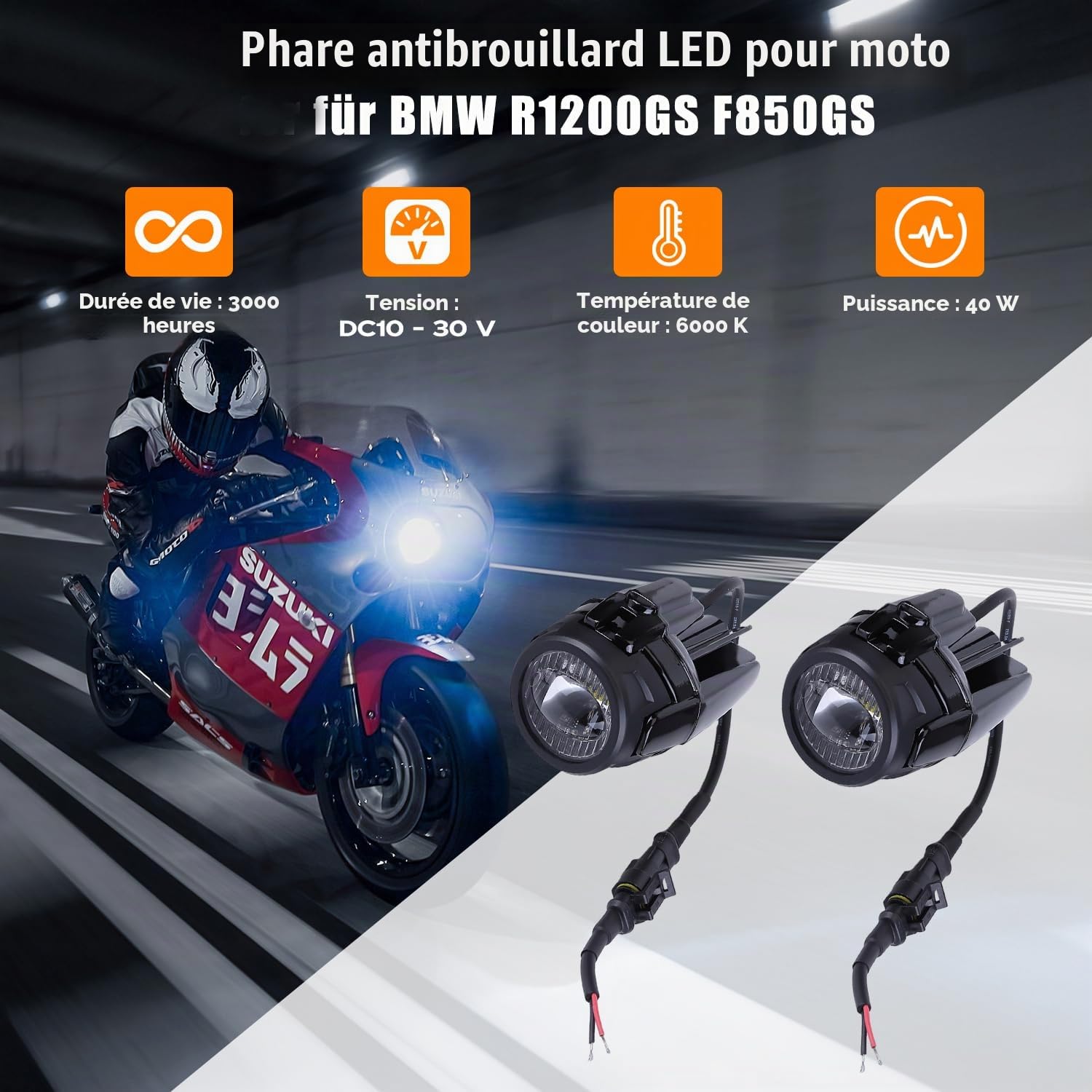 LICHENGTAI 2PCS Feux Antibrouillard LED Moto pour BMW R1200GS F850GS, 40W 4000LM Additionnels Phares Avant Anti Brouillard Projecteur Spot Etanche