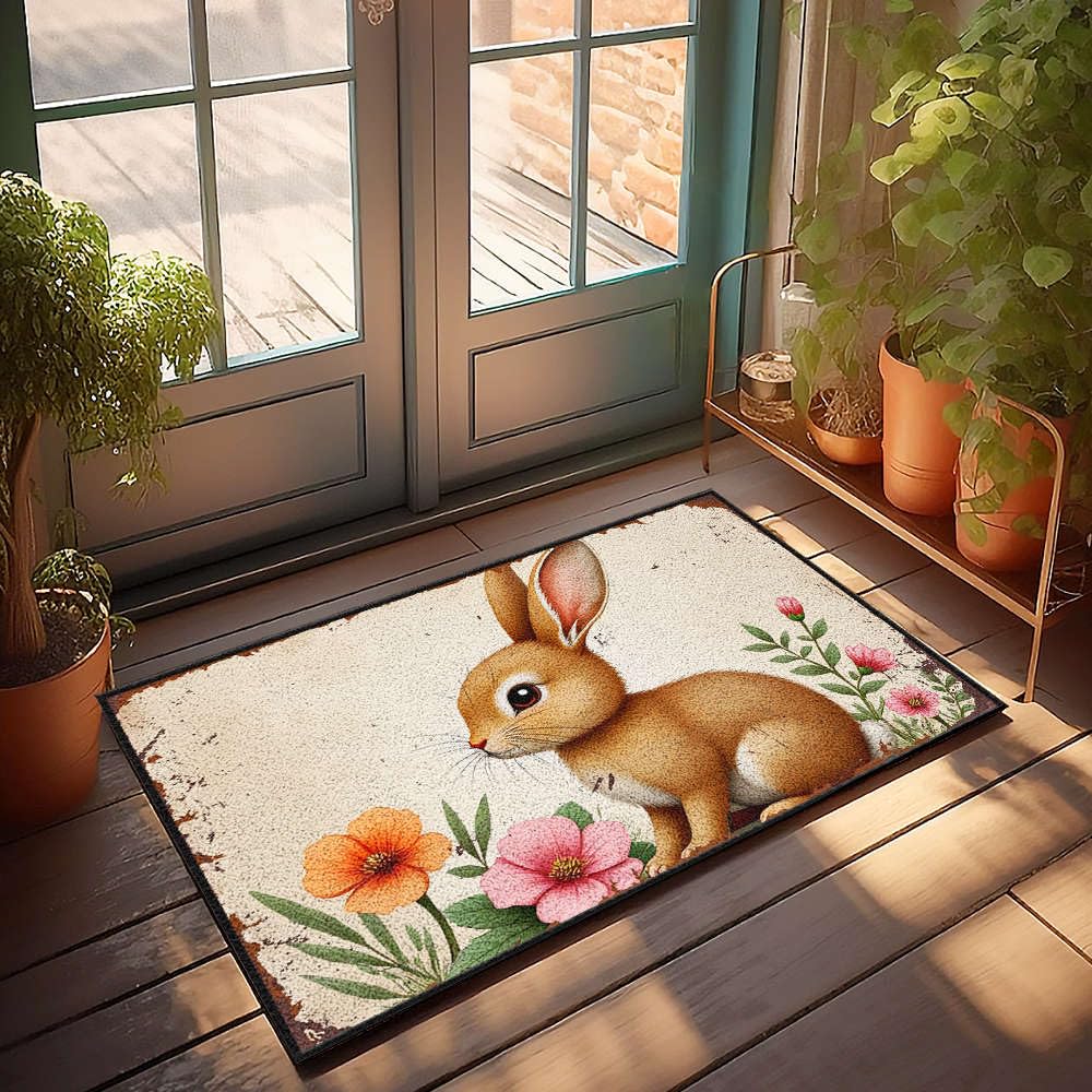Paillasson extérieur lapin fleurs vibrantes décoration bureau