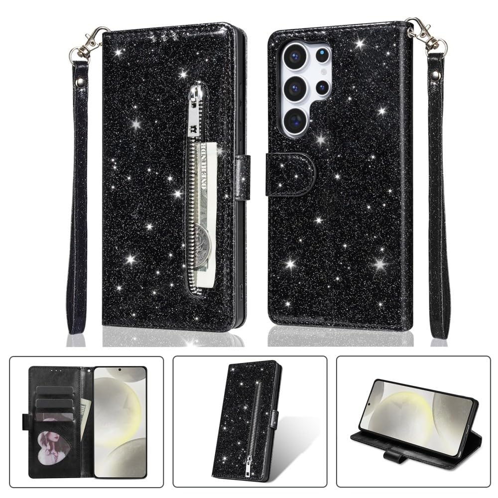 Generic Compatible avec Samsung Galaxy S10E (couleur : noir) Étui portefeuille en cuir avec fermeture éclair à paillettes