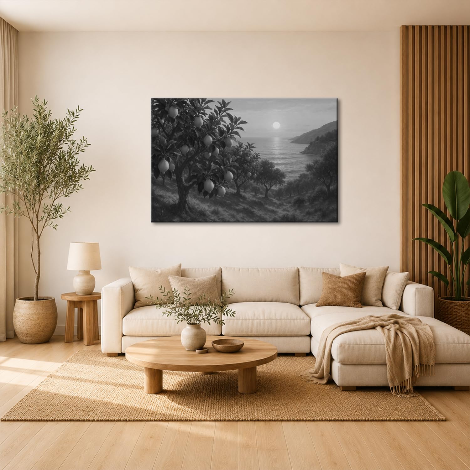 Leinwandbild Zitronenhain am Meer bei Sonnenuntergang 70x50cm Schwarz&Weiß