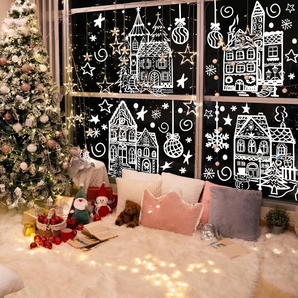 DIYDEC 4 Bögen große Weihnachts-Fensteraufkleber, weißes Haus, Schneemann, Schneeflocke, PVC, Winterlich, 40 x 70 cm, für Glas