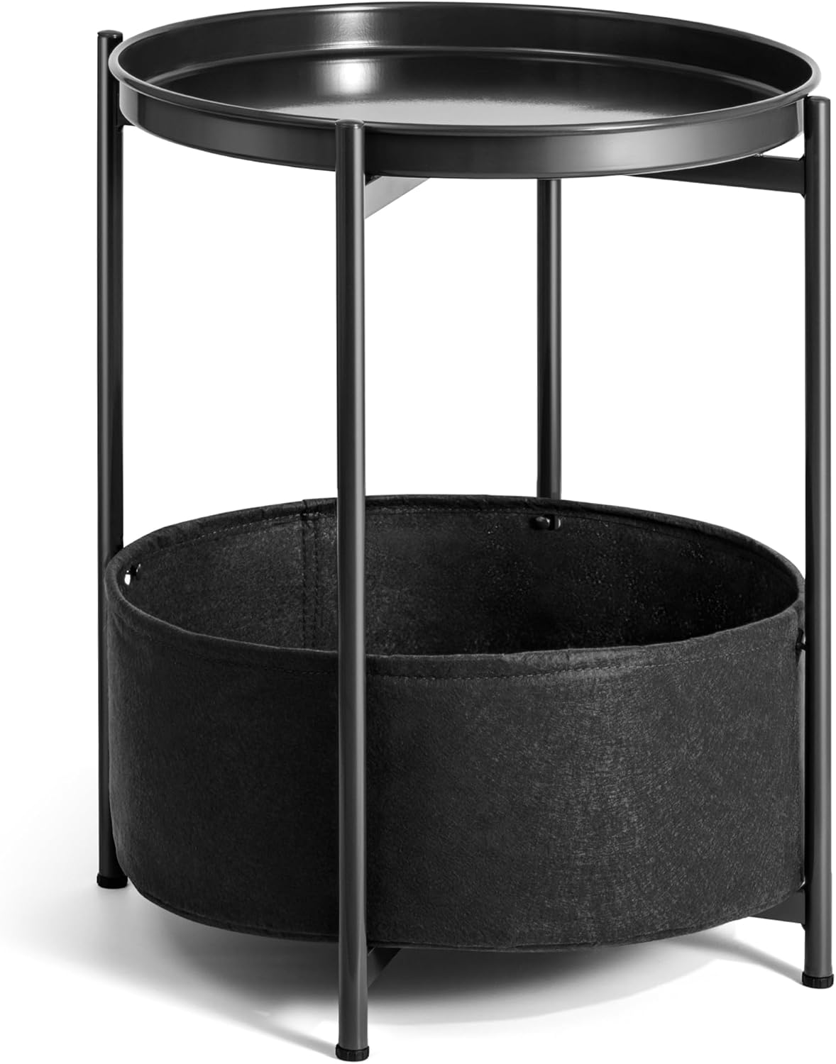 Small Side Table, Black Round End Table with Storage Basket, Metal Night Stand with Removable Tray, Small Bedside Table for Living Room, Bedroom, Nursery (Black)