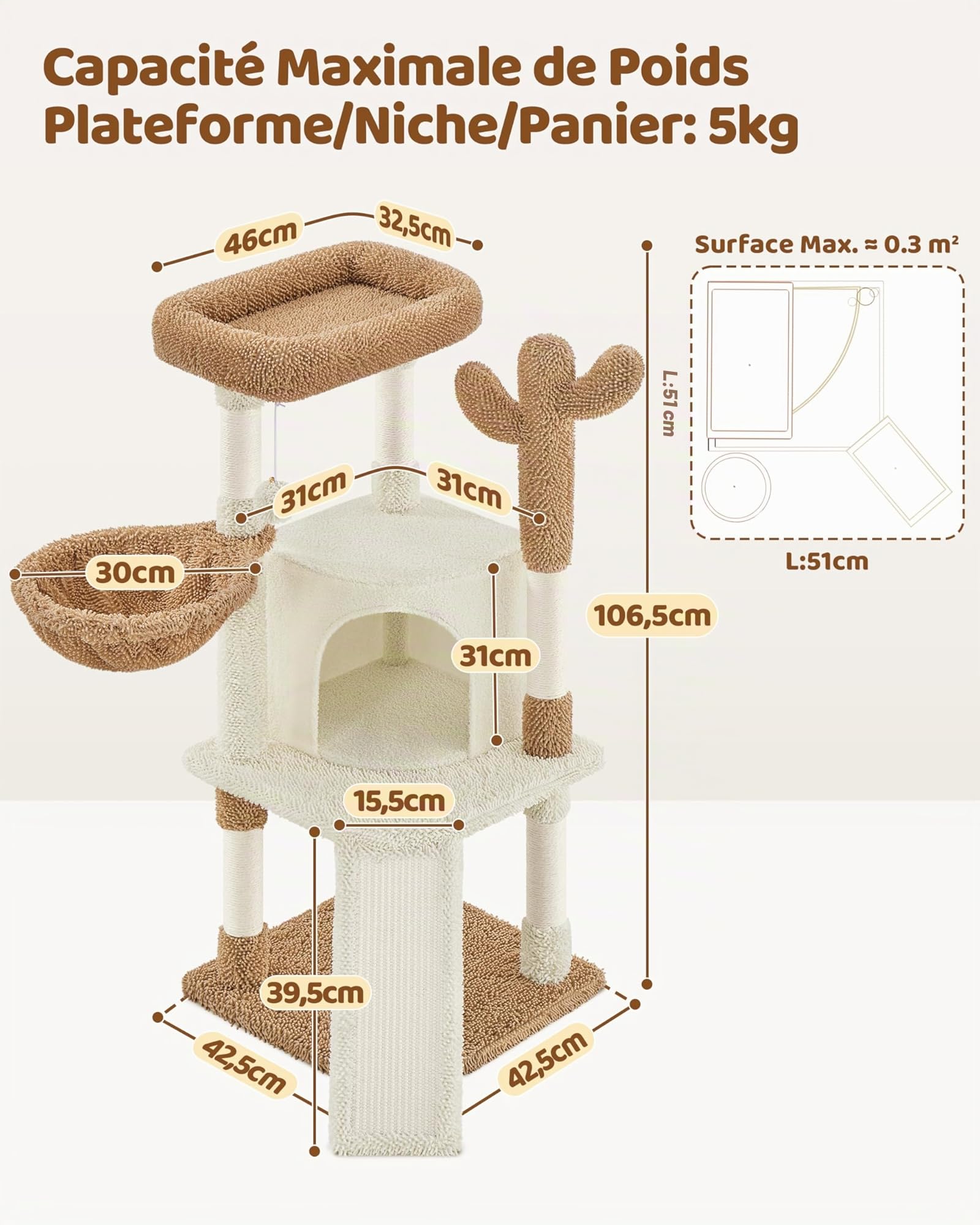 Yaheetech Arbre à Chat Cactus Hauteur 106,5 cm Tour pour Chat en Tissu Moppy avec Poteaux en Sisal Plateformes Niche Panier Perchoir Griffoirs Maison (Beige/Marron)