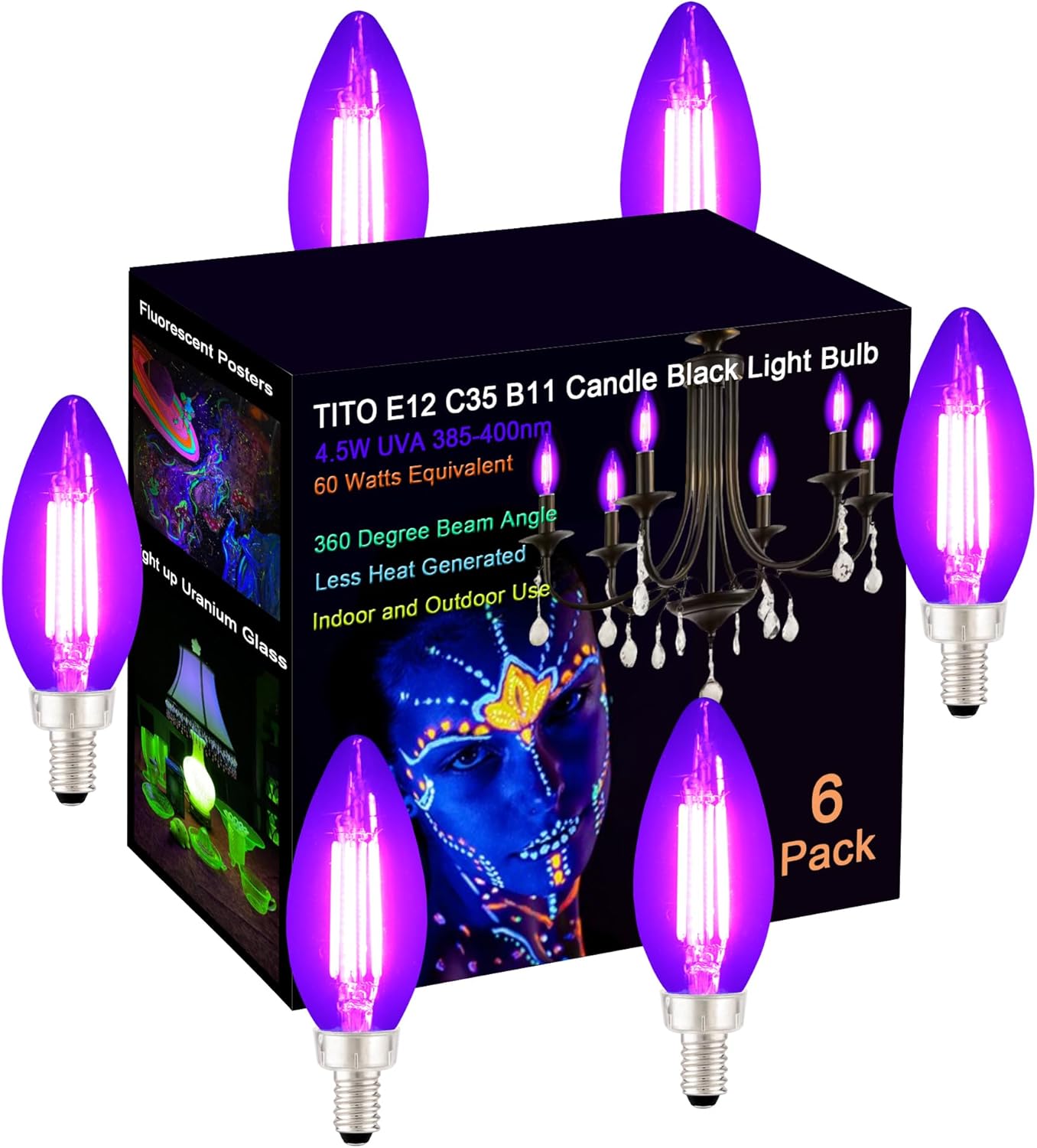 TITO E12 B11 Filament LED Candle Black Light Bulbs, UVA 395nm 4.5W