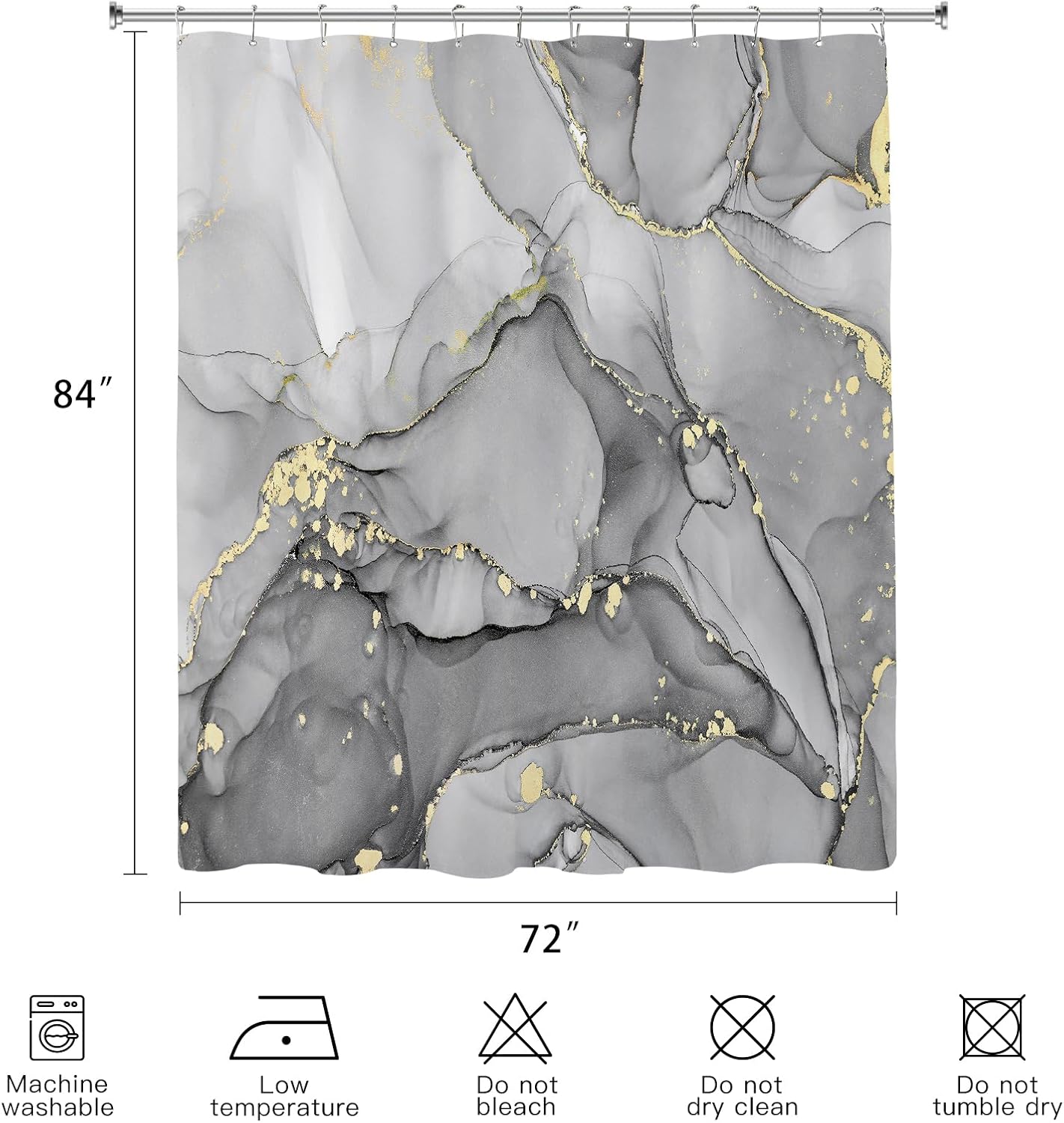 Extra Long Shower Curtain 72 x 84 Inch, Grey Tall Abstract Marble Shower Curtains for Bathroom, Modern Luxury Art Decor Ink Texture Fabric Shower Curtain Set with Hooks