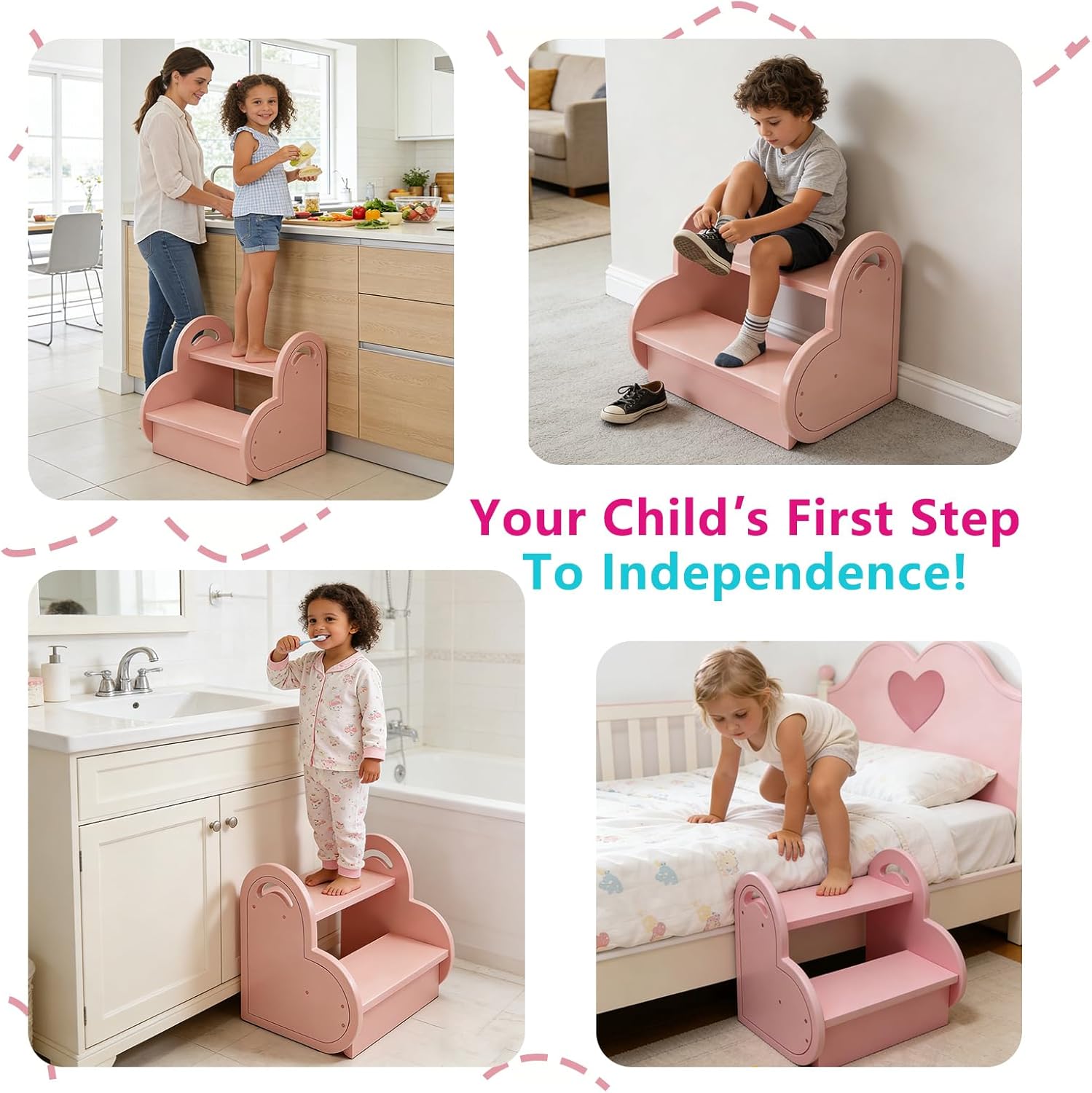 Pink Wooden 2-Step Stool for Kids Girls, Step Stool for Toddlers with Heart Design, Toddler Bathroom and Kitchen Helper, Small Step Ladder 15 x 12 x 12 Inches