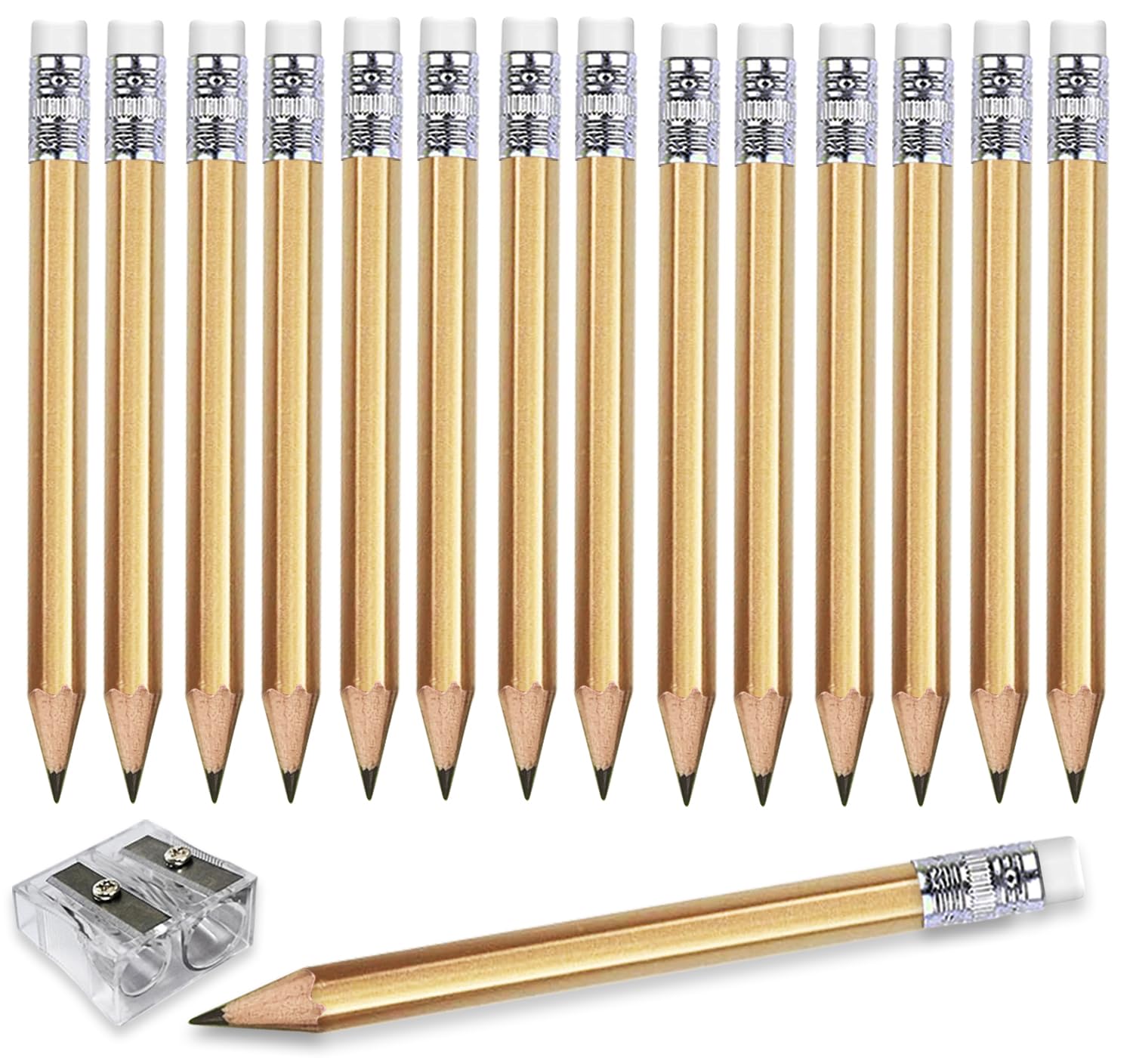 Adhere 25pcs Golf Pencils with eraser Hexagon Wooden Pencils Graphite 2B for Golf Event Scoring,Classroom,Wedding,Company Meetings,Pew, Pocket (Gold)