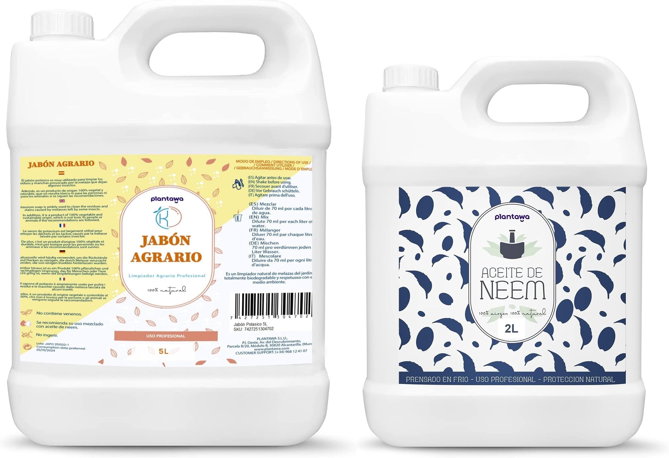Jabón Potásico 5L + Aceite de Neem 2L, 100% Natural Protección Huerto, Sostenible, Alta Concentración, Mosca Blanca, Araña Roja, Pulgón, Cochinilla