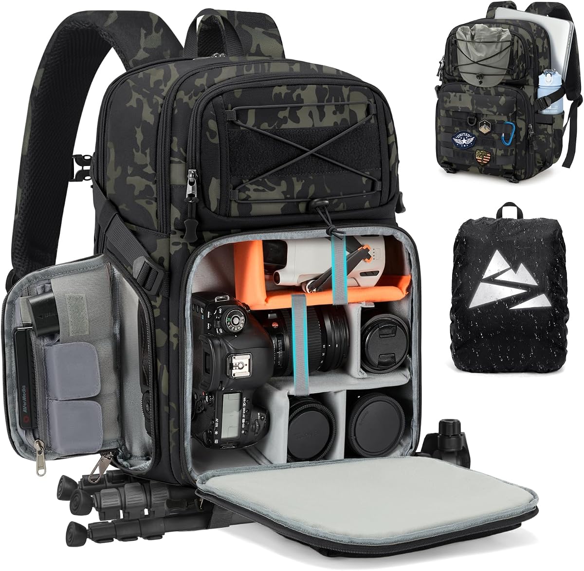 Mochila para cámara RAINSMORE, fundas tácticas para cámara DSLR/SLR/sin espejo | Bolsas impermeables para cámara para fotógrafos con compartimento para portátil de 15,6" y cubierta para lluvia, compatibles con Canon/Nikon/Sony/Dron