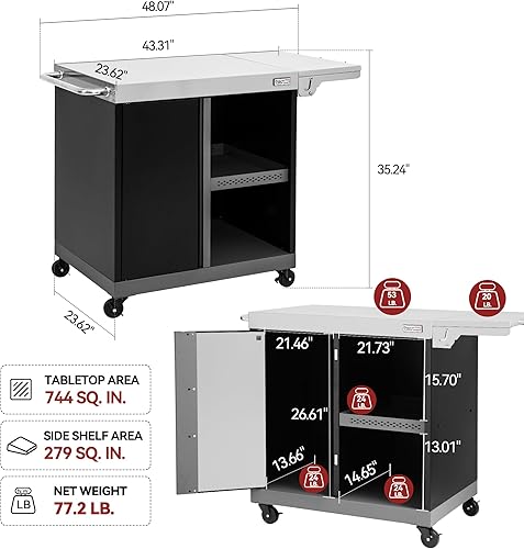 Miniatura 3 de Royal Gourmet PC3201S Carrito de parrilla móvil, encimera de acero inoxidable de 43 pulgadas de largo x 24 pulgadas de ancho, armario de