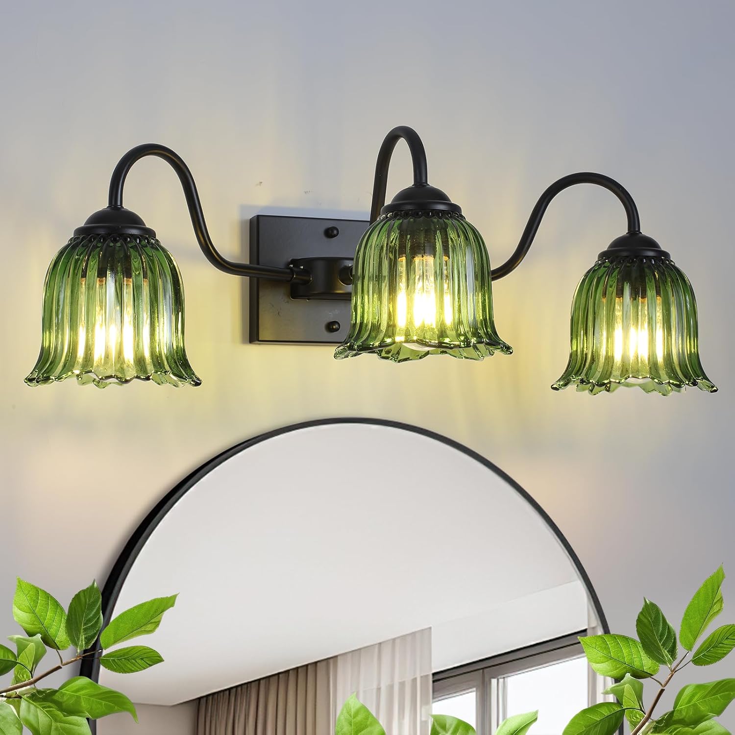 Bathroom Vanity Light, Black 3-Light Vanity Light Fixtures with Crystal Green Shades, Matte Vanity Lighting Fixture Modern Wall Sconces for Bedroom Dressing Room Living Room