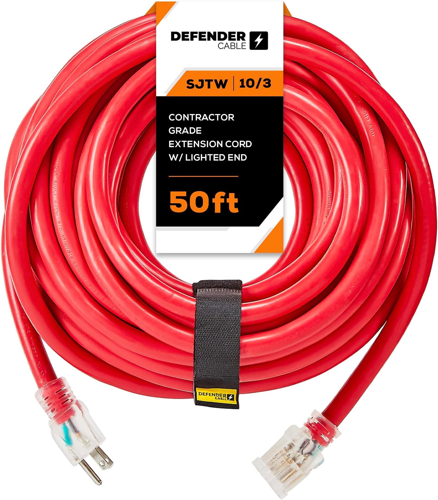 Defender Cable 10/3 Gauge, 50 ft SJTW Heavy Duty Contractor Grade Extension Cord