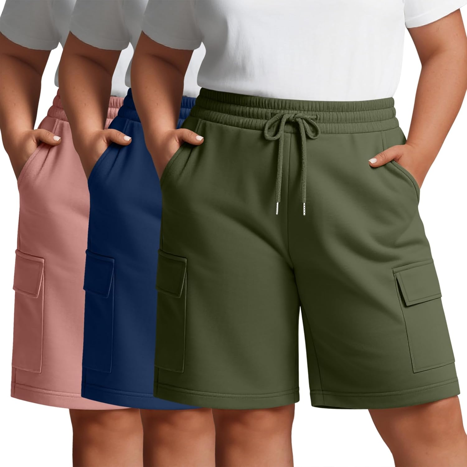 Neer 3 Pack Women's Plus Size Cargo Shorts Elastic Drawstring Bermuda Short Casual Loose Athletic Yoga Shorts with 4 Pockets