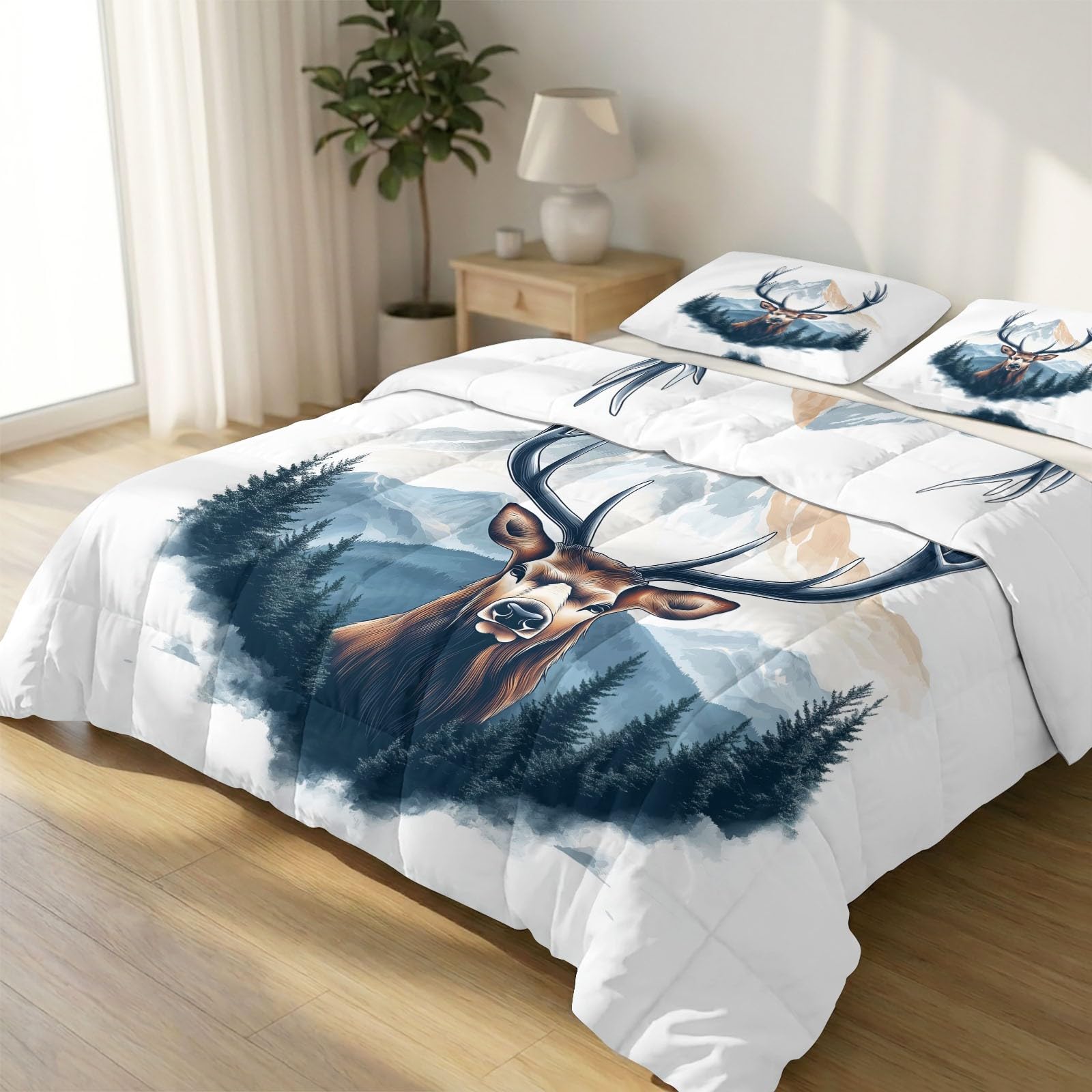 Generisch Dwustronna biała kołdra bez poszewki 200 x 200 cm, miękka, lekka, dla chłopców i dziewczynek, akwarela, mgła leśna, łoś, kołdra pikowana, nadaje się do prania, całoroczna