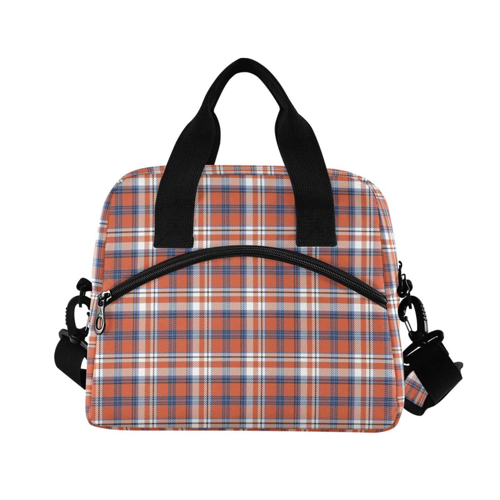 Sinestour Insulated Lunch Bag Reusable Cooler Plaid Red Orange Lunch Box Adjustable Shoulder Strap for School Men Women