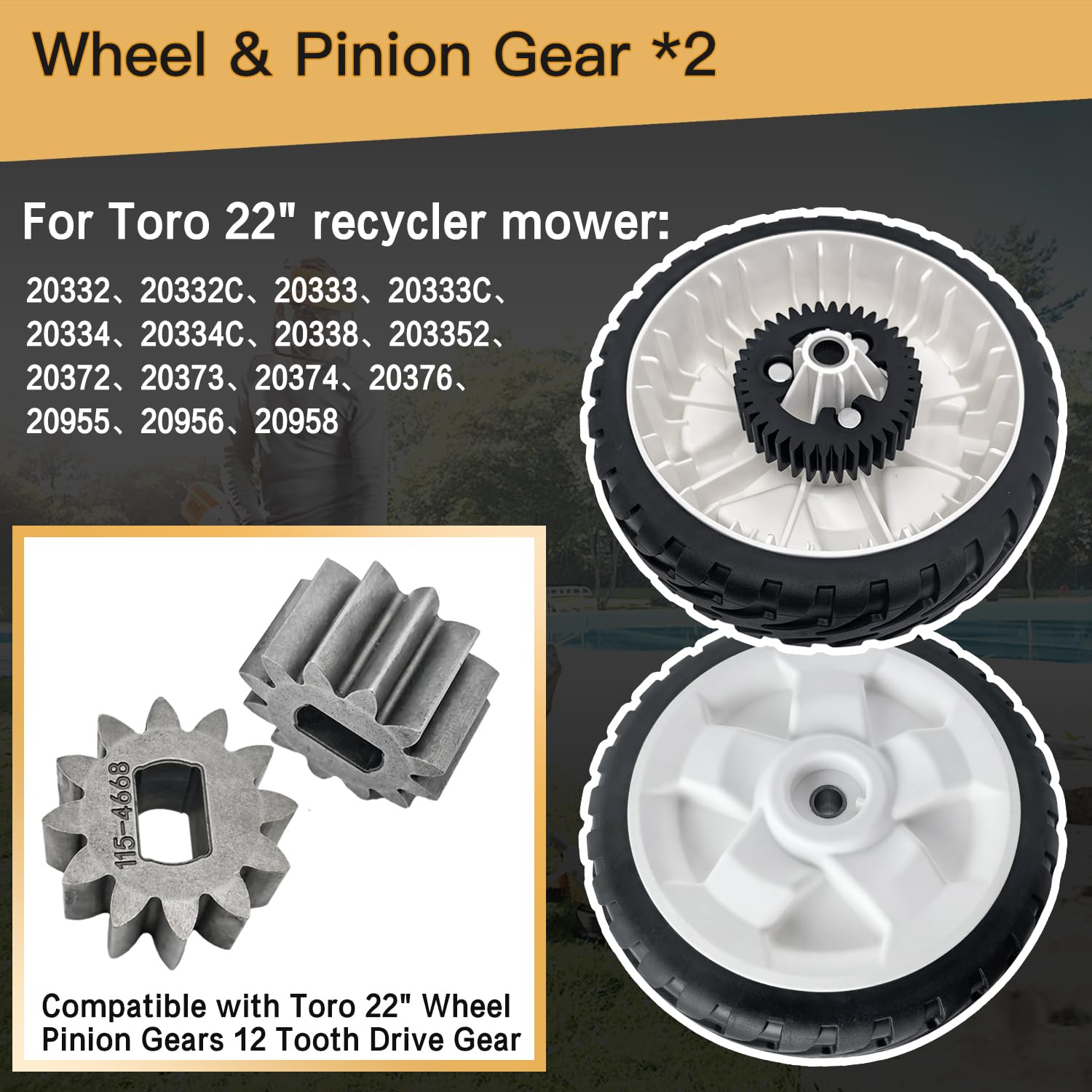 Set di 2 ruote in plastica da 8 pollici 115-4695 138-3216 con kit pignone 115-4668 per tosaerba Toro 22" RWD Recycler Push compatibile con Toro 20332 20333 20334 20338 20338 200 352