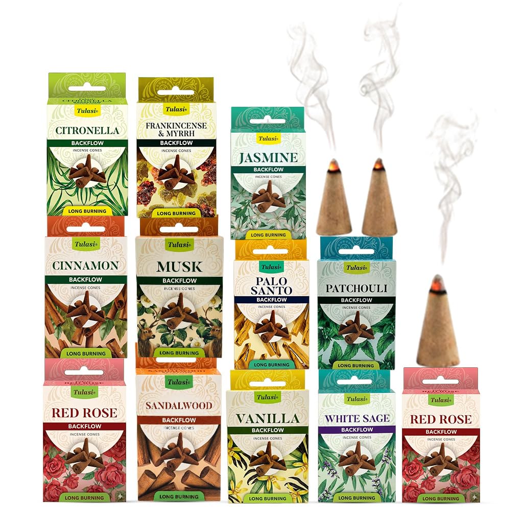 Tulasi Backflow Incense Cones with Natural Oils, Scents Set of 12 Fragrances (120 Cones) Calming Home Aromatherapy, Yoga, Meditation, Relaxing, Mixed Scents with Natural Oils, Thanks Giving