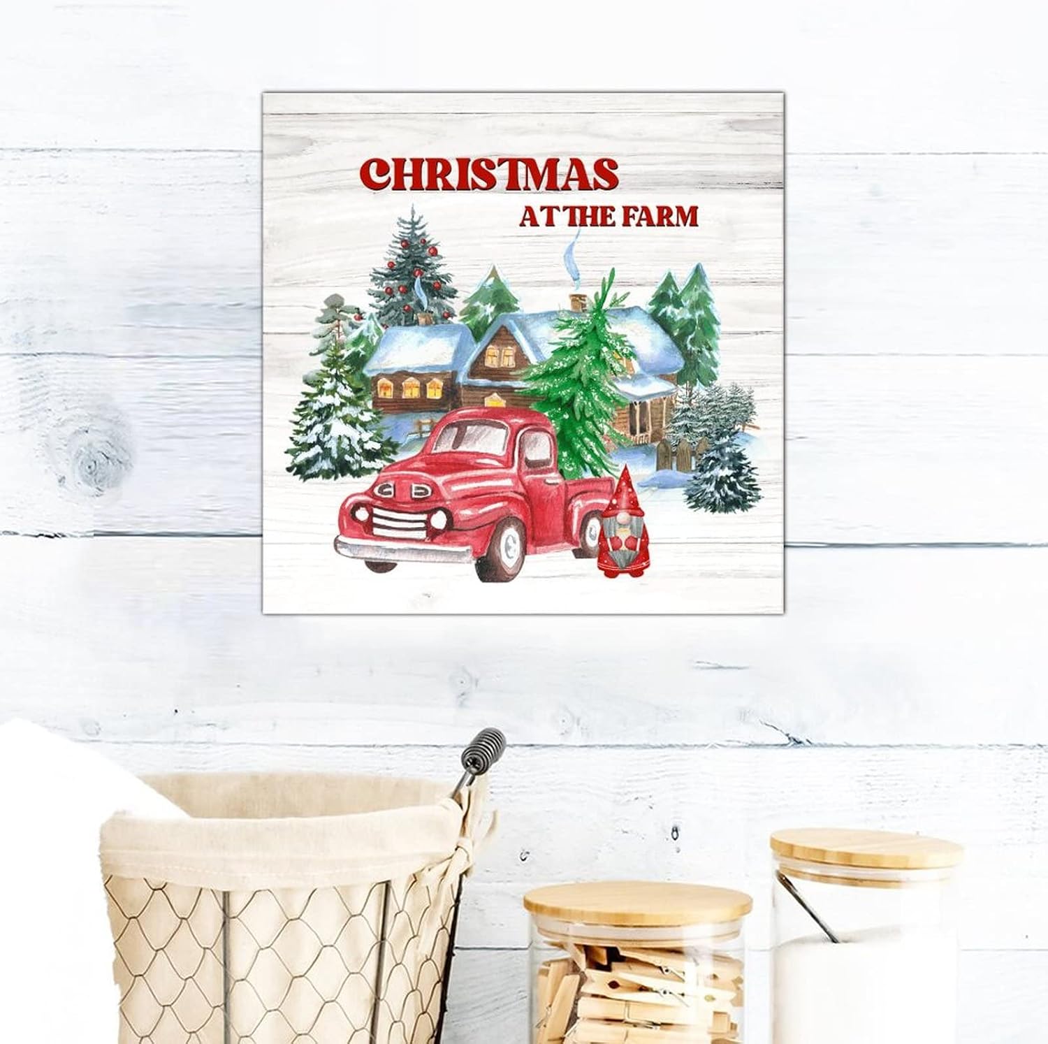 Christmas at The Farm Wood Signs Classic Winter Red Truck Gnome Home Wood Sign Plaque Merry And Bright Wall Decor Hanging Plaque Sign For Laundry Room Bathroom Bedroom Home Housewarming Gift 16x16in