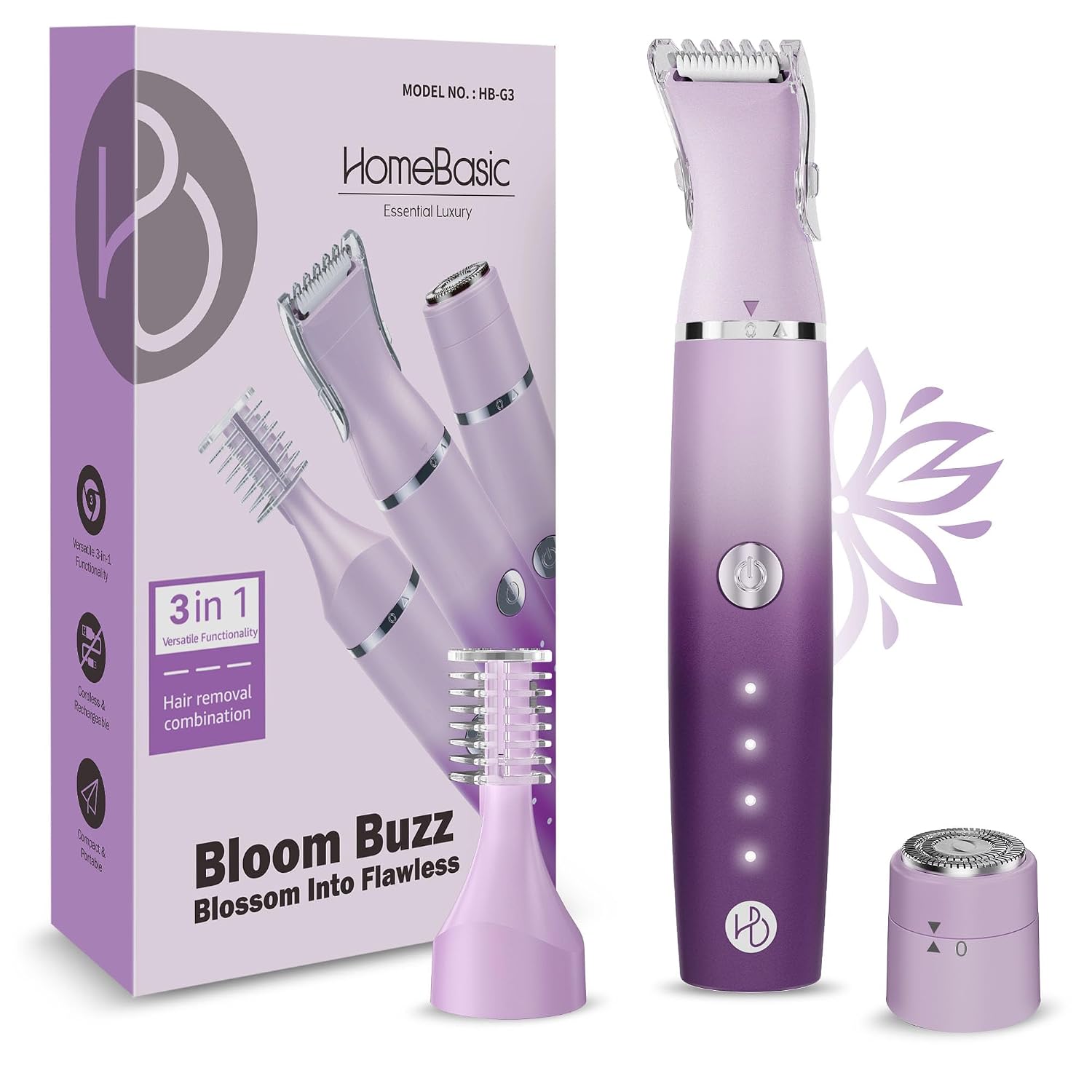 HOMEBASIC Precision Facial Hair Trimmer for Women 3-in-1 Detachable Heads for Face Eyebrow Under Arm Long Hair Remover, Body Shaver| Cordless Waterproof| 100 Min Runtime Rechargeable Battery (Purple)