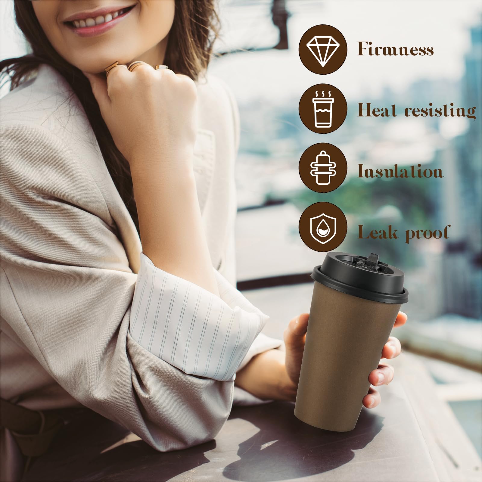LITOPAK Lot de 100 tasses à café jetables en papier marron de 473,6 g avec couvercles, pour café chaud, eau, jus ou thé, tasses à café en papier chaud pour la maison, le restaurant, le magasin et le