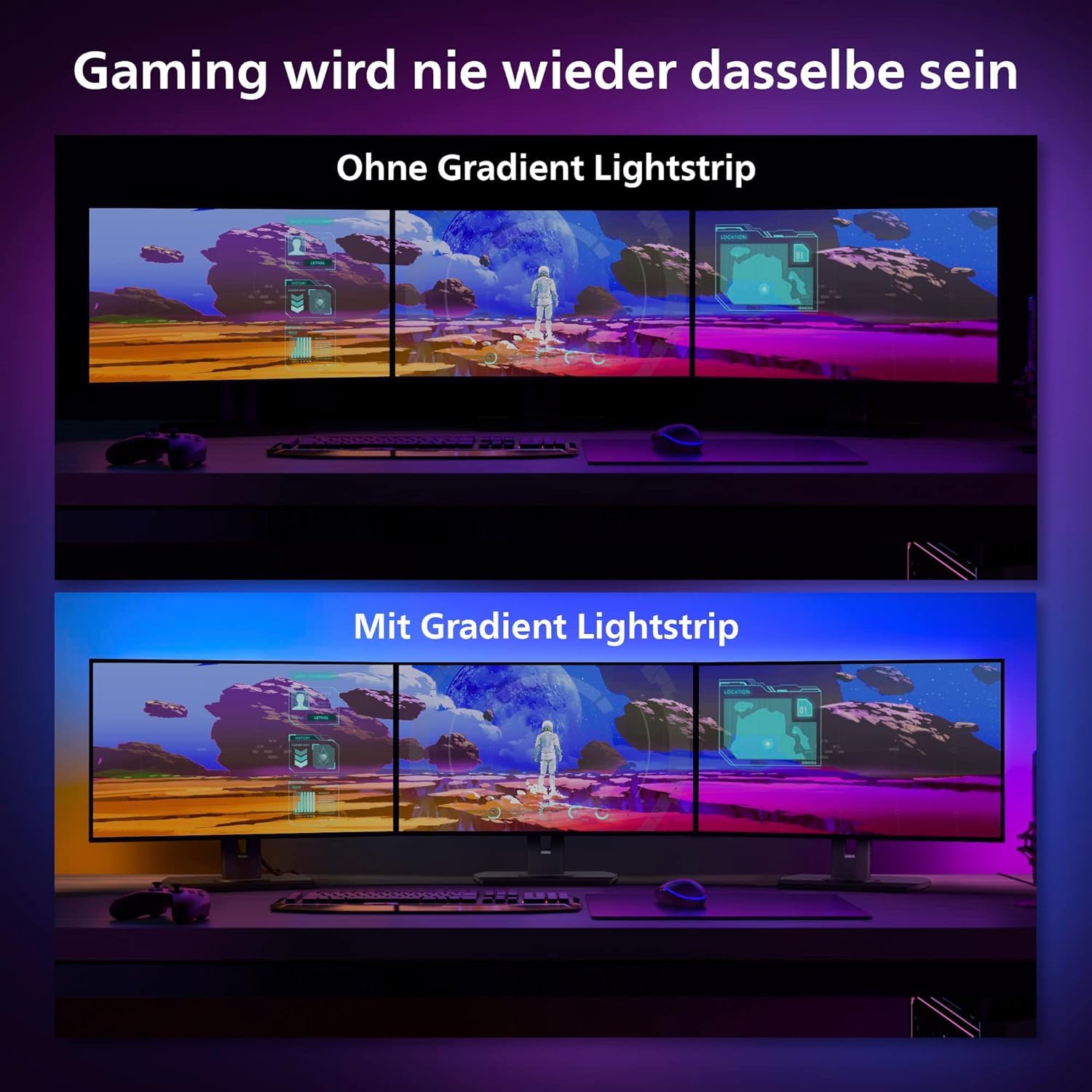 Philips Hue White & Color Ambiance Play Gradient, PC Lightstrip für 3 x 24-27 Zoll, dimmbar, 16 Mio. Farben, Starter Set, inkl. Hue Bridge, kompatibel mit Amazon Alexa (Echo, Echo Dot)
