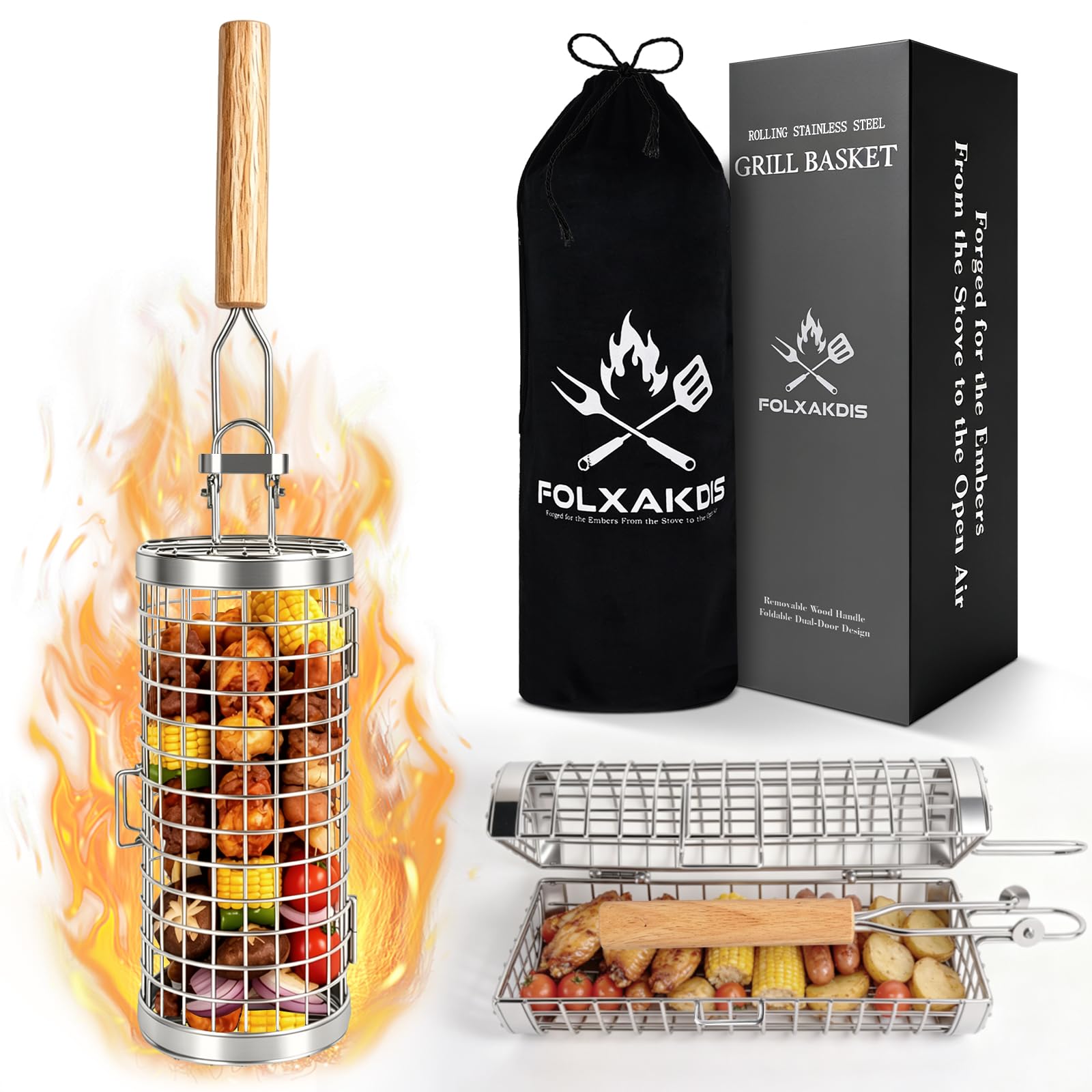 Fathers Day Dad Birthday Gifts Clamshell Rolling BBQ Grill Basket (S)