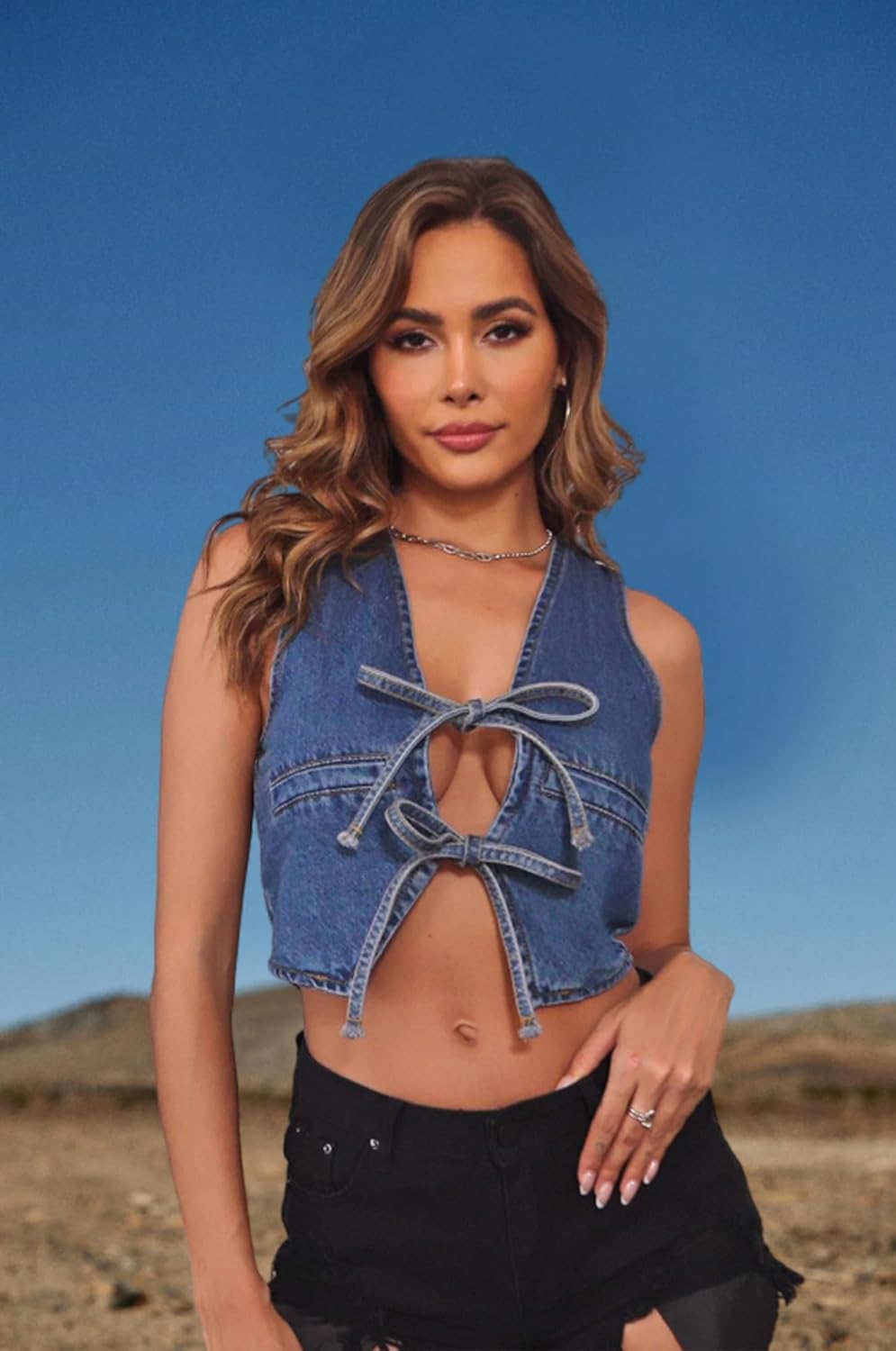 Sexy Denim Vest Top For Women Deep V Neck Tie Up Front Sleeveless Jean Vest Tank Top Cropped Corset Top - Image 3
