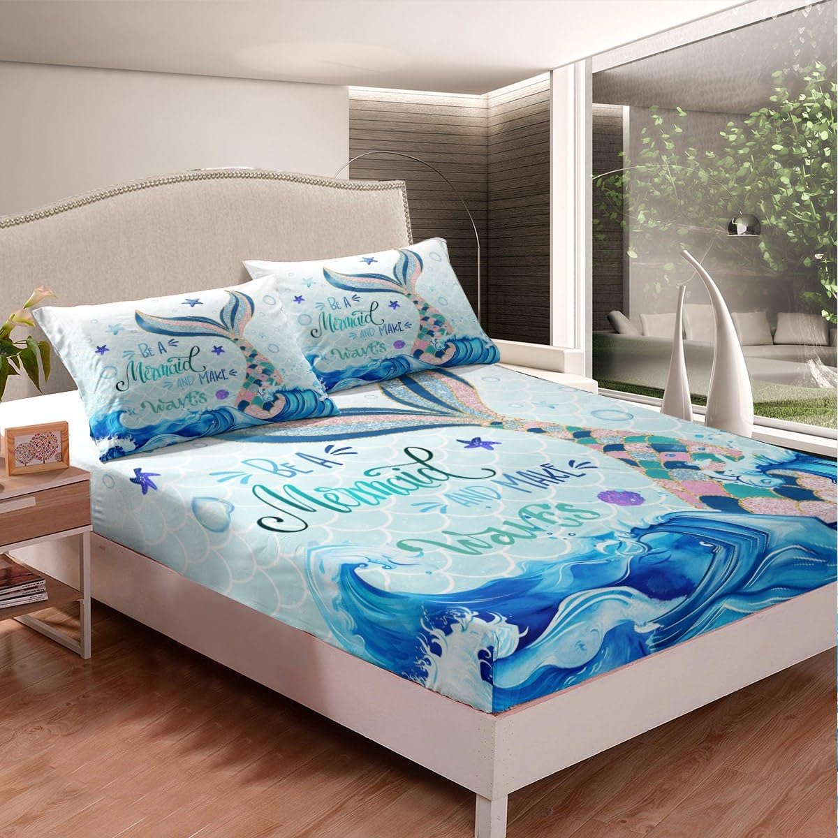 Erosebridal Little Mermaid Bedding Set Twin Kids Cute Mermaid Tail Sequins Sheet Blue Pastel Gradient Flat Sheet Girly Kawaii Princess Bedroom Decor Fitted Sheet Fish Scales Bed Sheet 3 Pcs