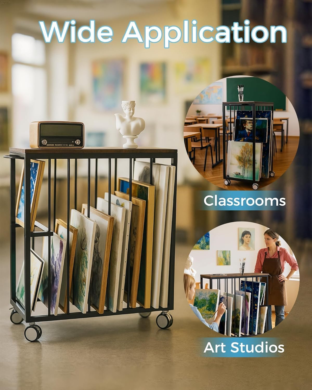 Art Storage Rack, Drying Painting Canvas Rack with Wheels, Rolling Art Print Display Rack with Handle, Art Storage Display Stands for Classroom, Art Studios and Schools